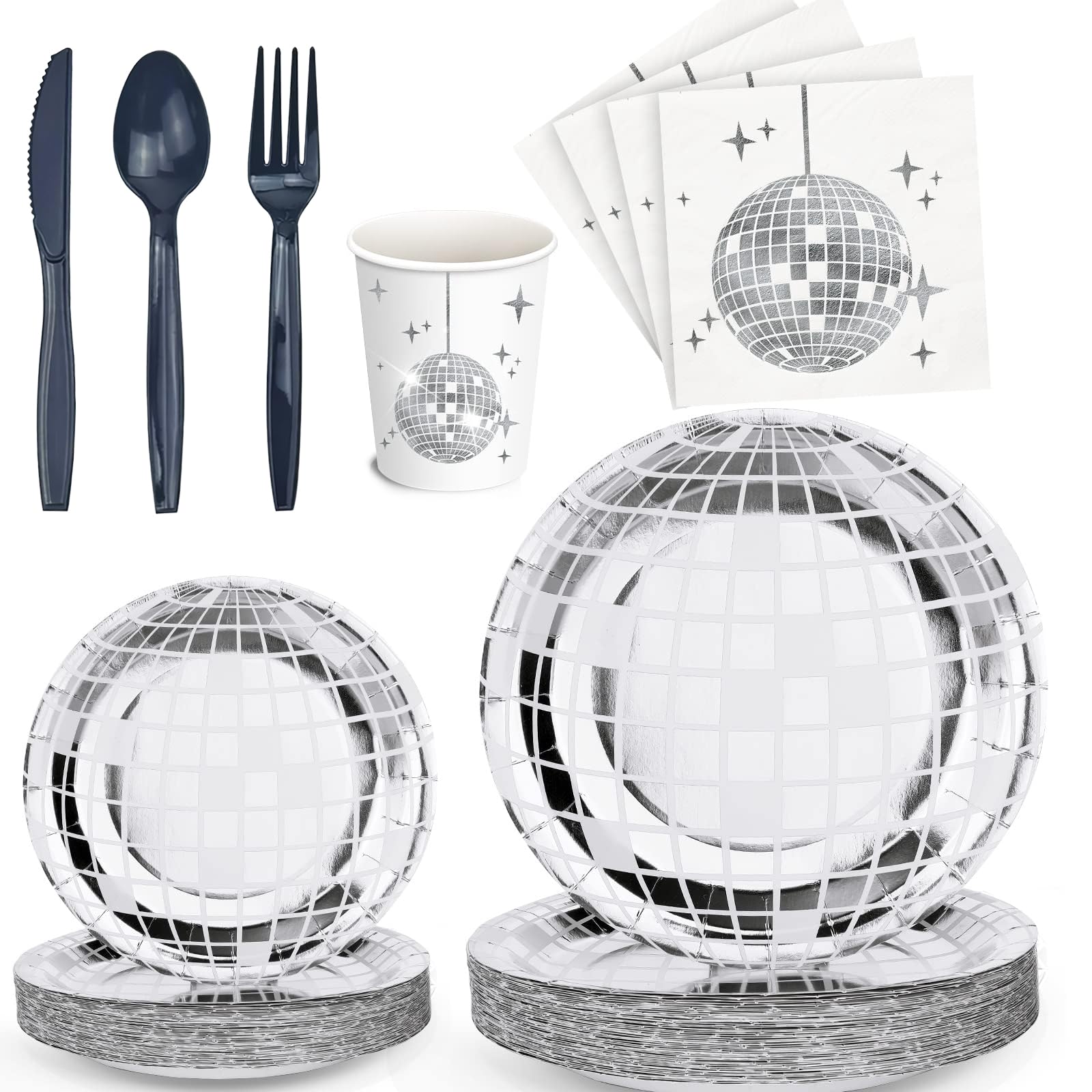 Juego de 175 Piezas de Vajilla para Fiesta de Discoteca, Platos, Tenedores, Cuchillos, Servilletas, Platos de Fiesta, Suministros de Fiesta de Discoteca de los años 70-90, para 25 Invitados (Plateado)