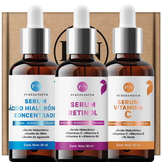 PUREZA NATUR Kit Serum facial Acido Hialurónico, Vitamina C y Retinol anti edad | Paquete completo de serum para el cuidado de la piel, hidratación y rejuvenecimiento (Kit AH + Retinol + Vit C)