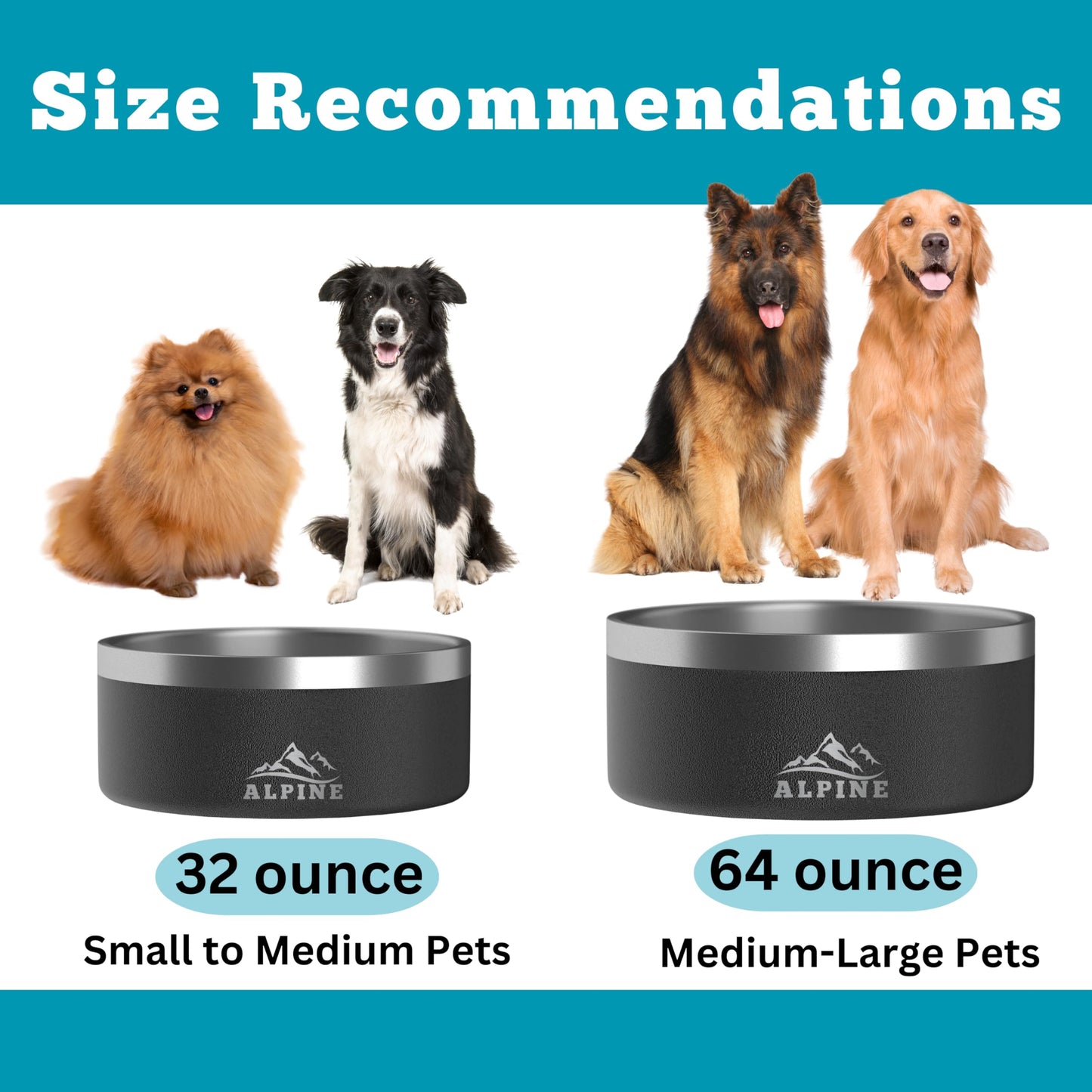 ALPINE - tazón de acero inoxidable para perros, antideslizante, tazón de metal para mascotas para alimentos y agua, aislamiento de doble pared, resistente al óxido, apto para lavaplatos, paquete de 2 (negro)