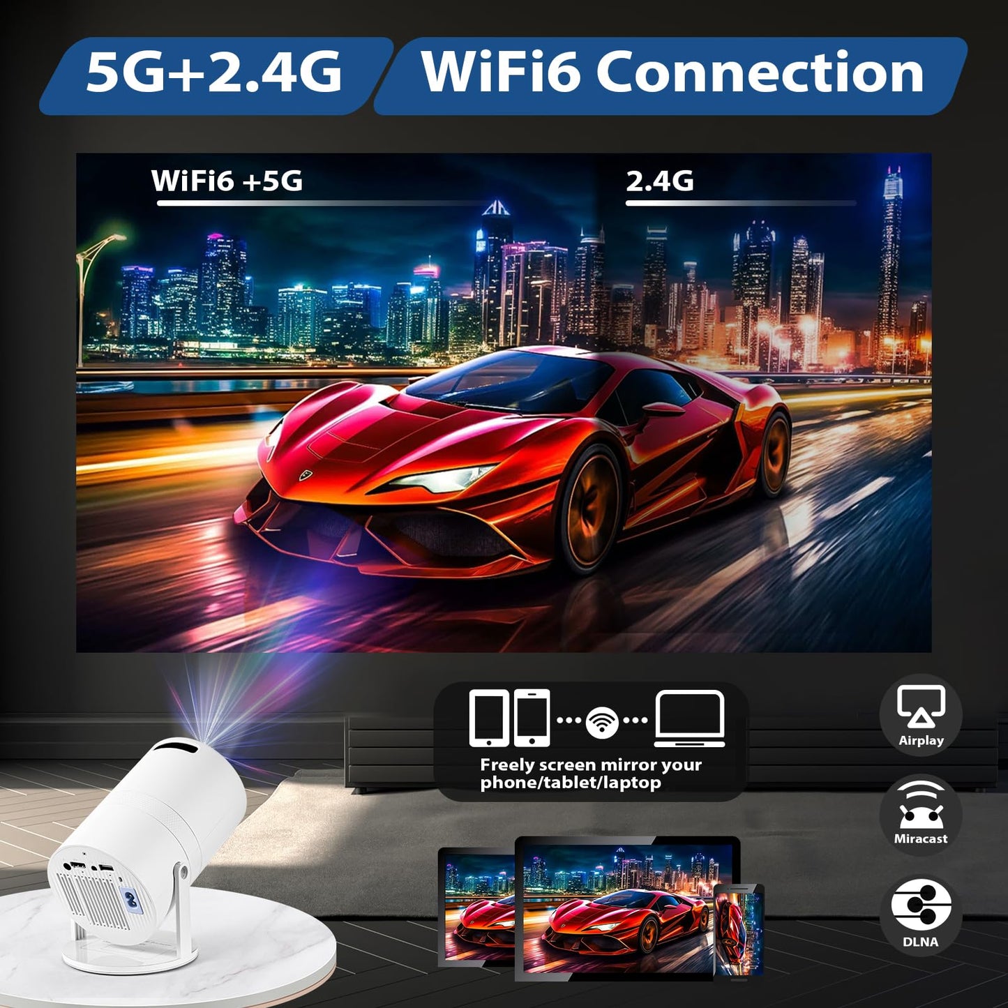 Proyector 4K Bluetooth 5.1 WiFi 6 Portátil con 200 ANSI y Sistema Incorporado Compatible con USB y HDMI
