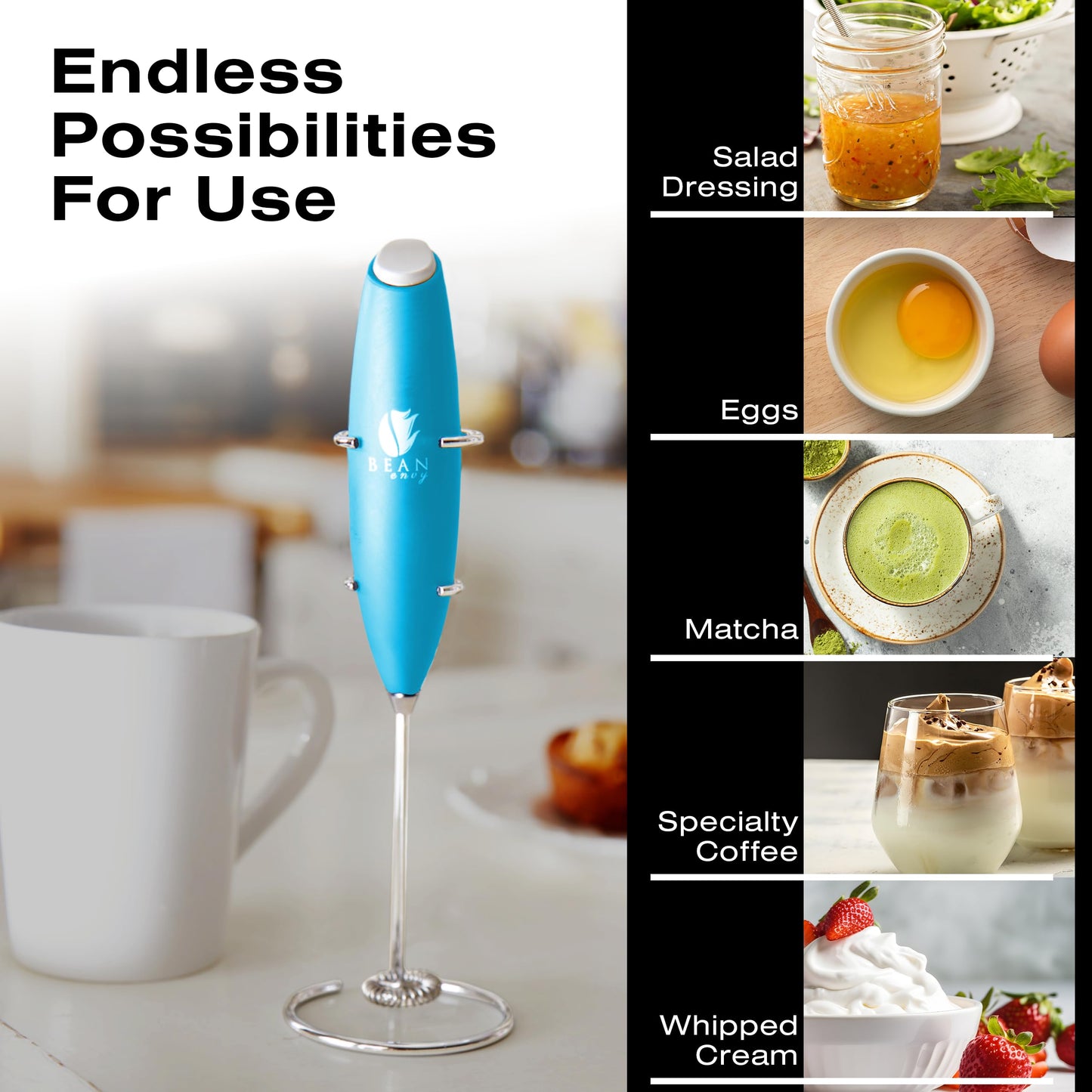Bean Envy - Espumador de leche de mano para café, batidora de mano eléctrica, mini batidora de bebidas y varita espumadora de café con soporte para café con leche, capuchino, matcha y chocolate