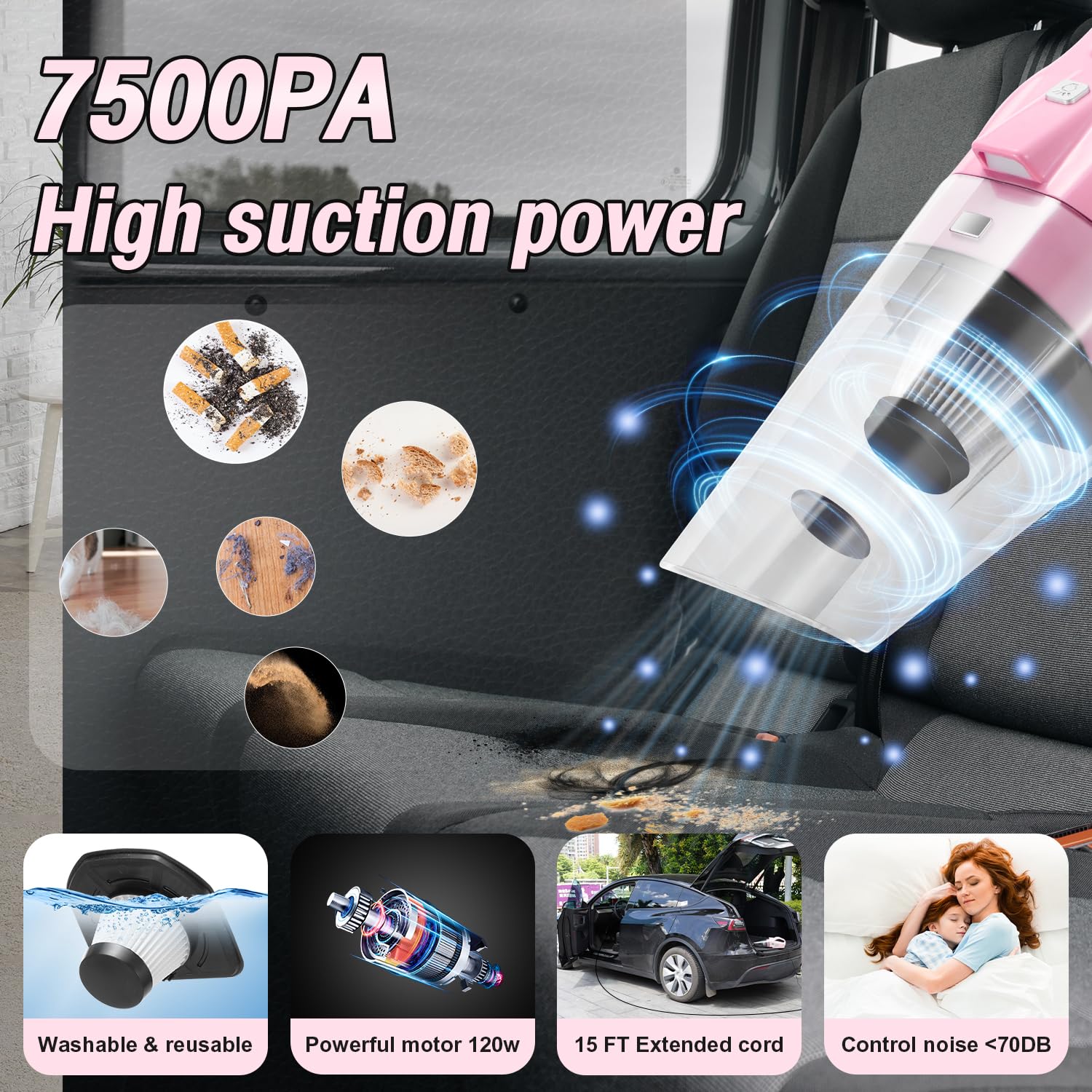 Kit de Limpieza de Coche Vioview Rosa 4 en 1 con Aspirador de 8000 Pa y Cepillo para Detallar para Limpieza Profunda