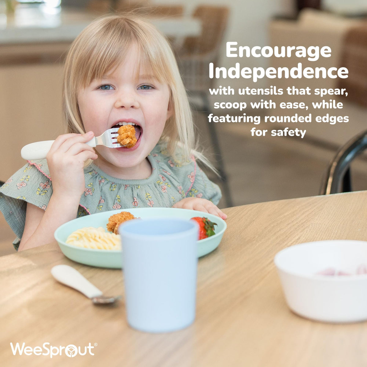 WeeSprout - Utensilios para niños pequeños, 3 tenedores y 3 cucharas, acero inoxidable 18/8 y silicona de grado alimenticio, asas gruesas de fácil agarre, longitud perfecta para nuevos