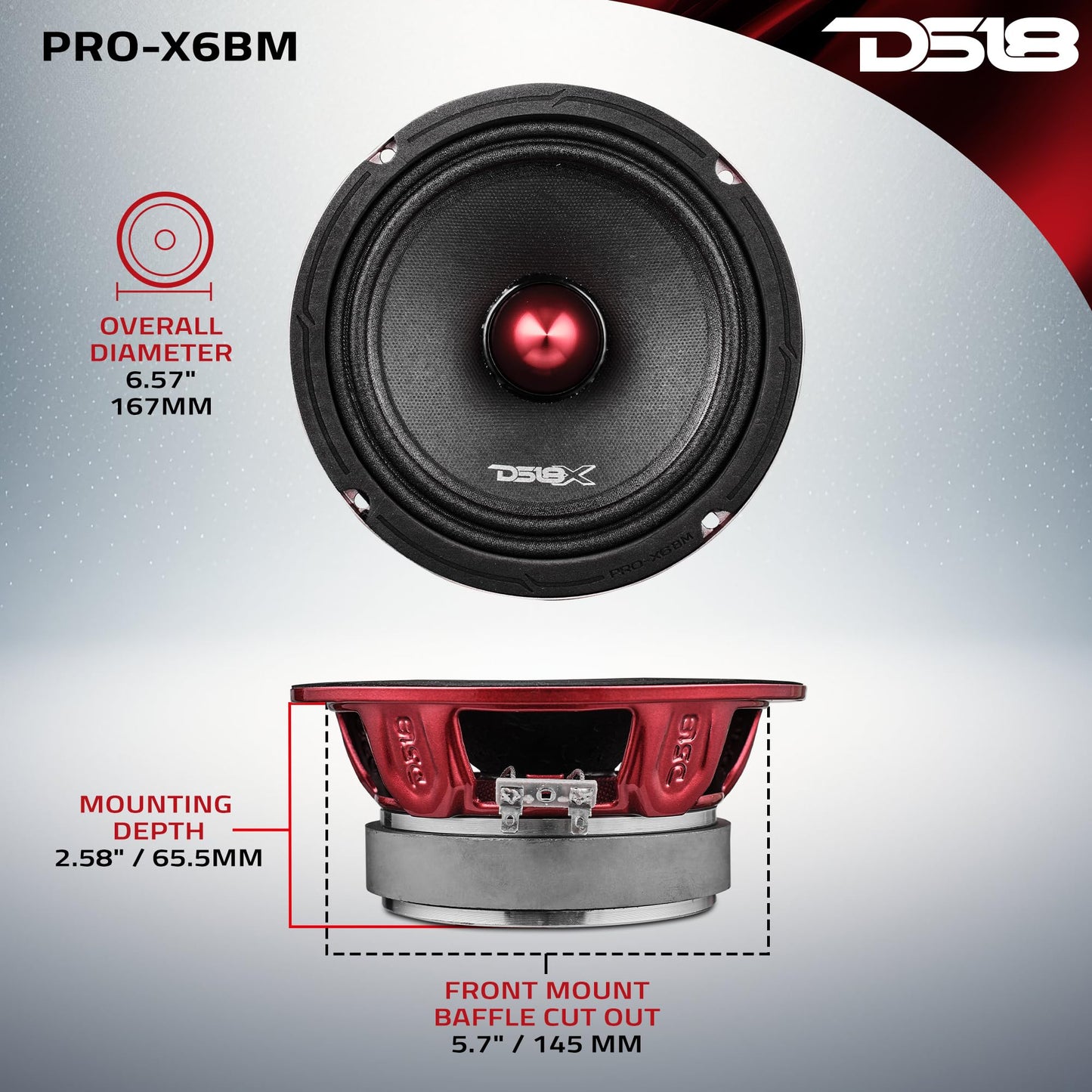 DS18 PRO-X6BM Loudspeaker - 6.5", Midrange, Red Aluminum Bullet, 500W MAX, 250W RMS, 8 Ohms - Premium Quality Audio Door Speakers for Car or Truck Stereo Sound System (1 Speaker)