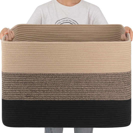 OIAHOMY - Cesta de manta súper grande de 108 litros, 25 x 16 x 16 pulgadas, cestas tejidas rectangulares para almacenamiento, cesta de cuerda de algodón para sala de estar, almacenamiento de juguetes
