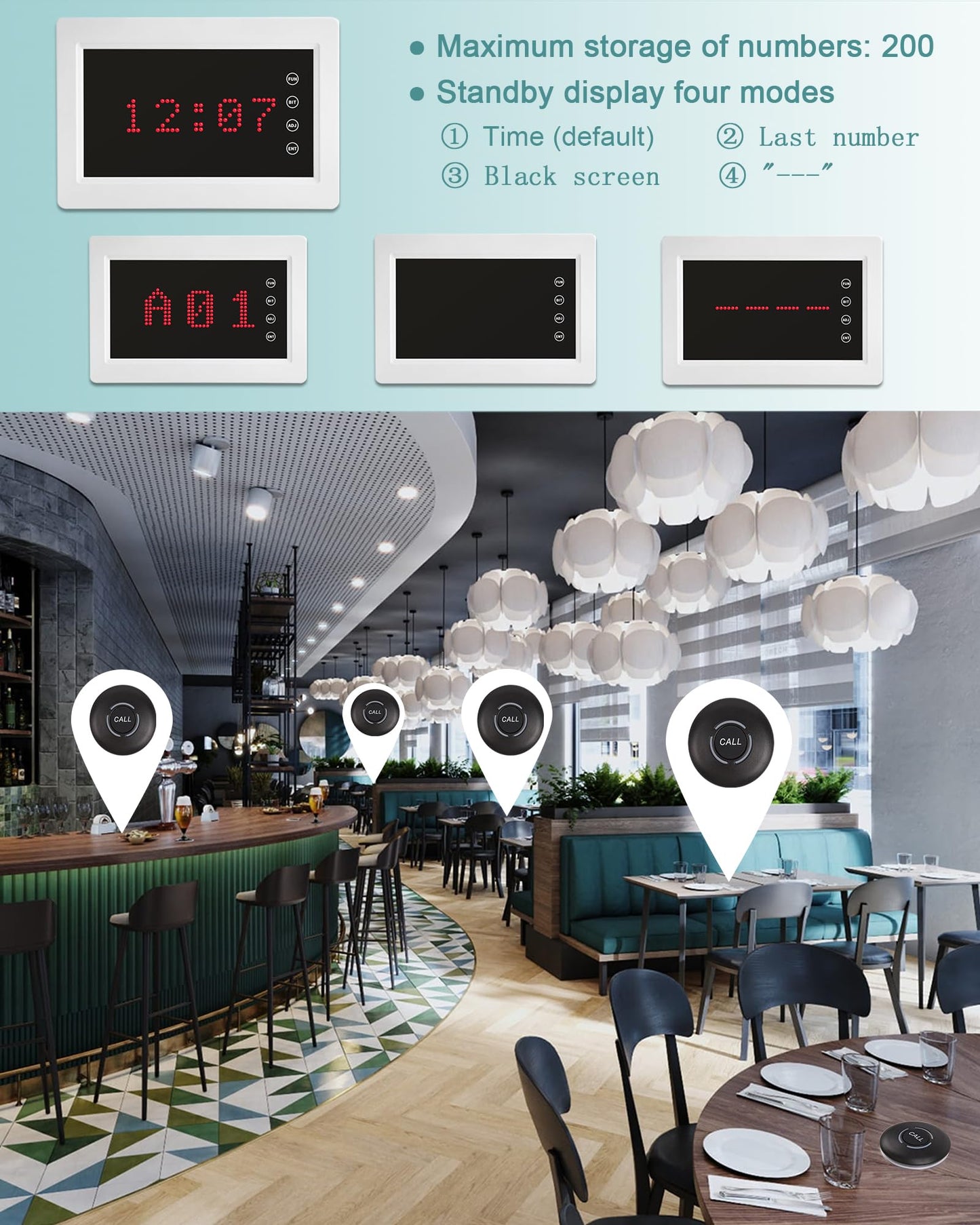 Sistema de llamadas inalámbricas, sistema de búsqueda de restaurantes para alerta de pacientes y enfermeras con 1 visualización de número y 10 botones de llamada impermeables para clínicas de ancianos