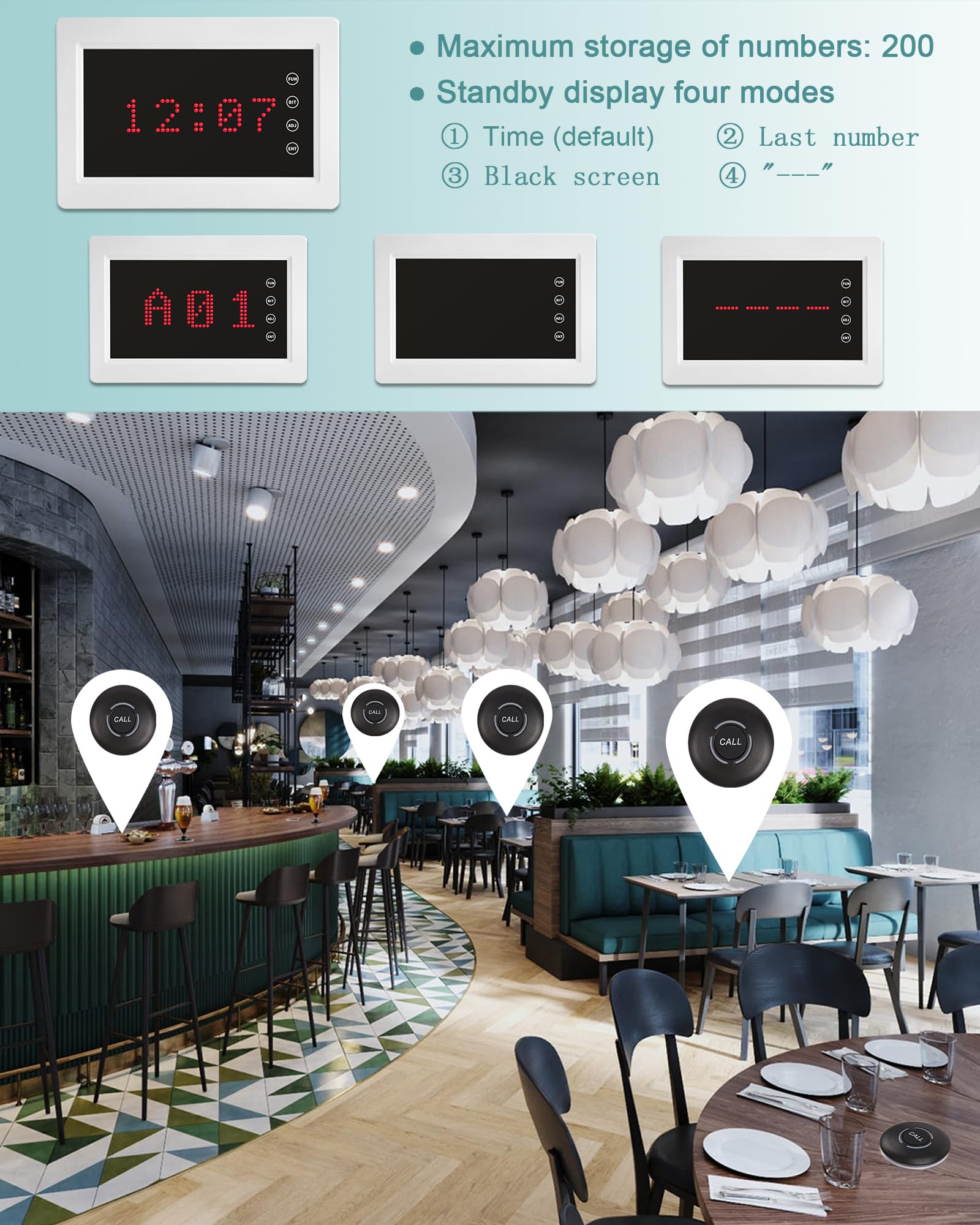 Sistema de llamadas inalámbricas, sistema de búsqueda de restaurantes para alerta de pacientes y enfermeras con 1 visualización de número y 10 botones de llamada impermeables para clínicas de ancianos
