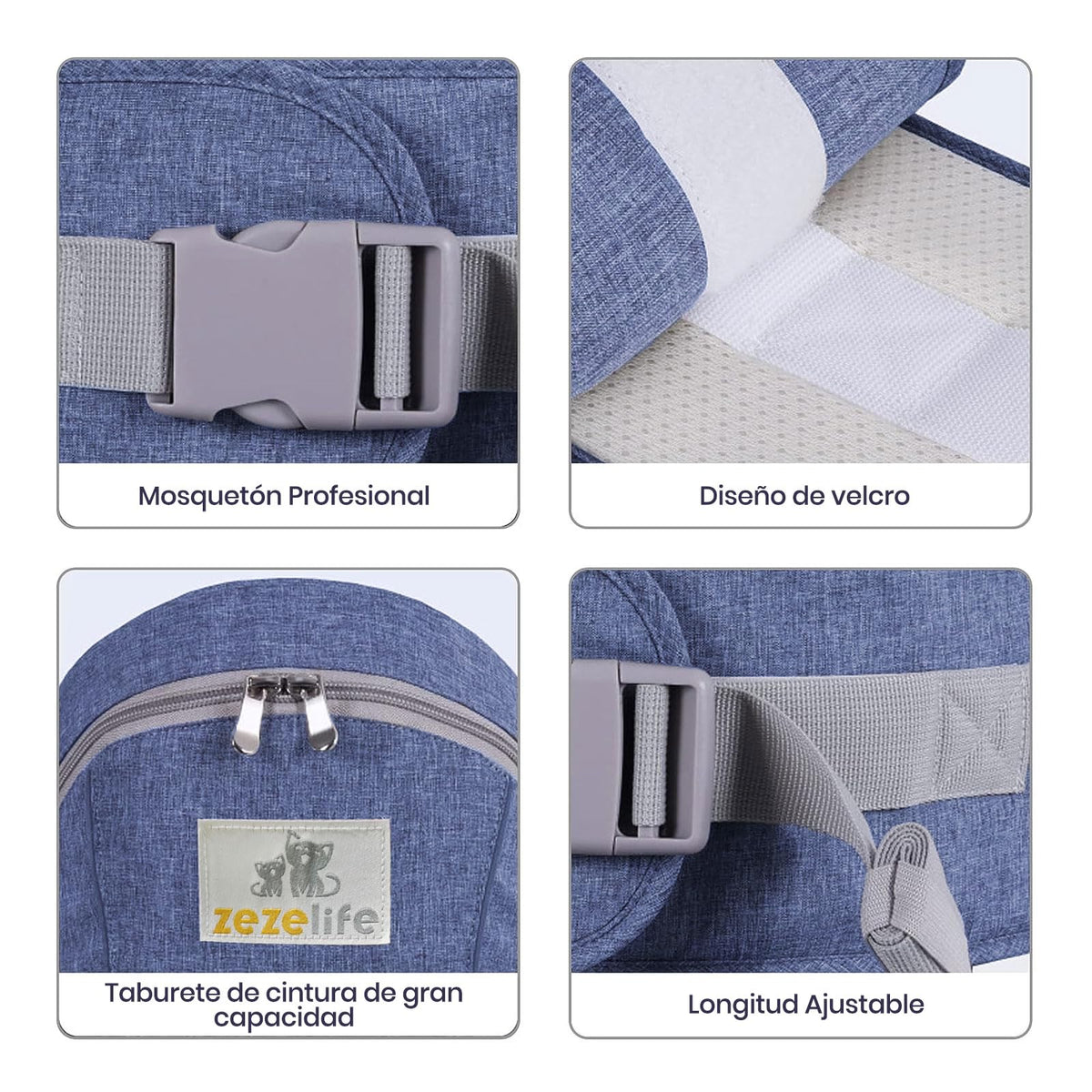ZEZELIFE Portabebé Asiento de Cadera,Portador de Bebé Ergonómico Taburete de Cintura Algodón con Cinturón de Seguridad y Correa de Hombro Individual Posición Múltiple para Bebé Niños Recién Nacido 0-36 Meses