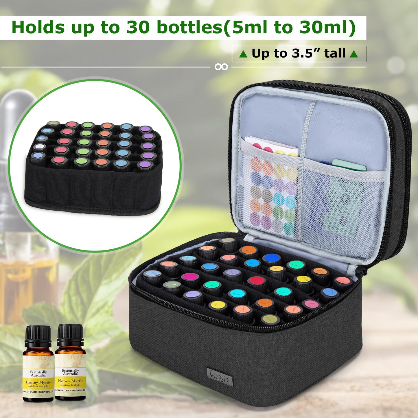 Luxja Essential Oil Carrying Case - Holds 30 Bottles (5ml-30ml), Double-Layer Organizer for Essential Oil and Accessories, Black