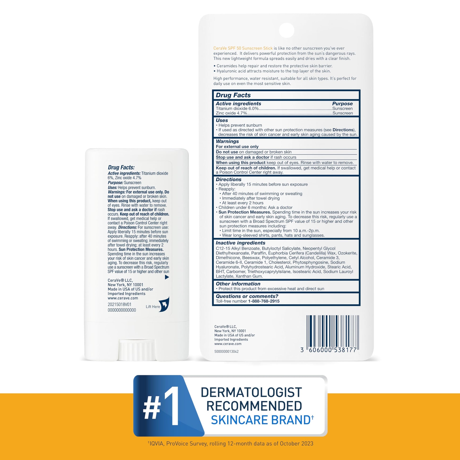 CeraVe - Protector solar en barra SPF 50, 0.47 oz.