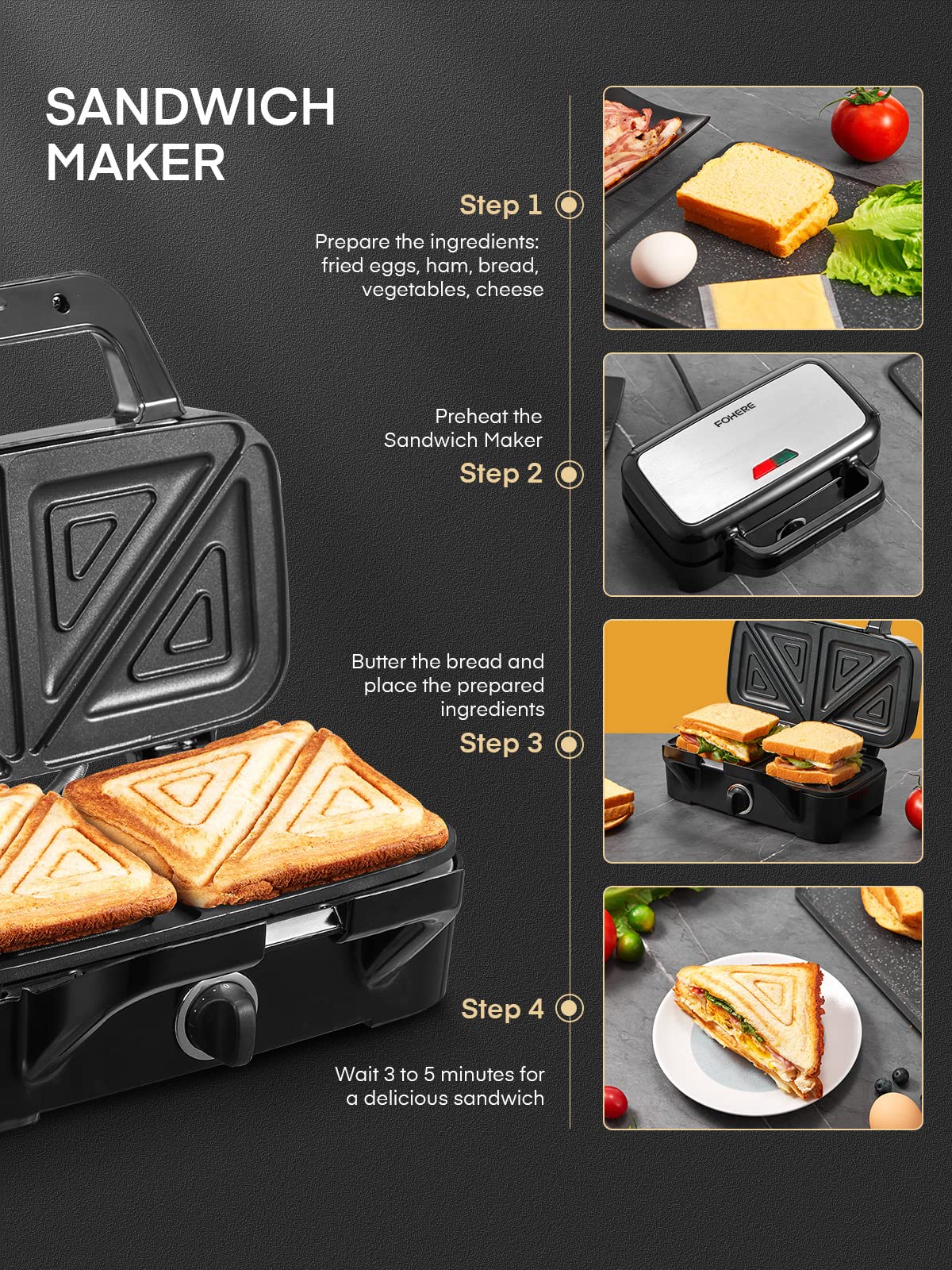 FOHERE Waffle Maker 3 en 1 Sandwichera Prensa Panini de 1200 W con placas extraíbles y control de temperatura de 5 engranajes, revestimiento antiadherente, fácil de limpiar, luces indicadoras,