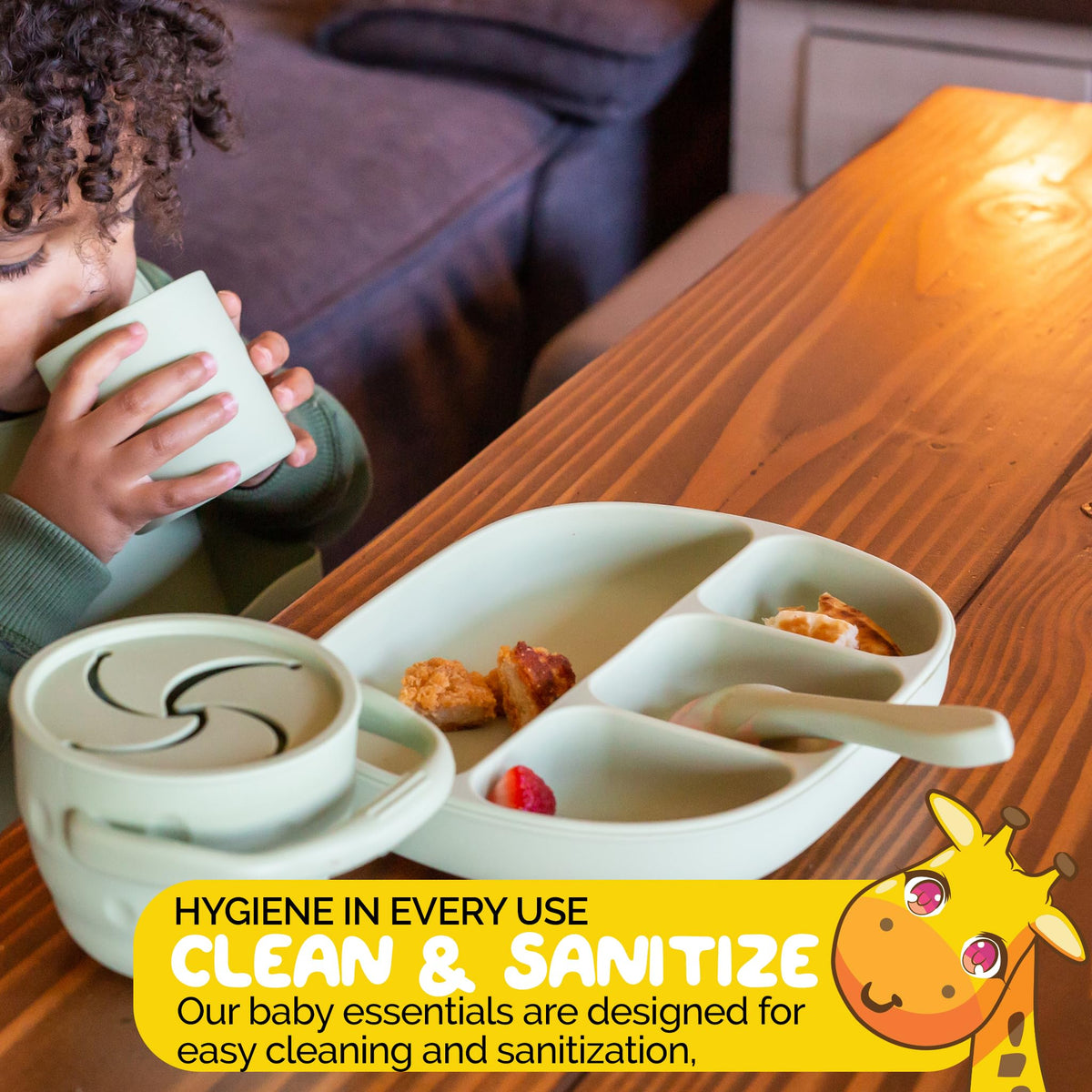 Muqee Peeko Set de alimentación para bebés con Ventosa y Tapa en Color Verde Guisante - Silicona de Grado alimenticio
