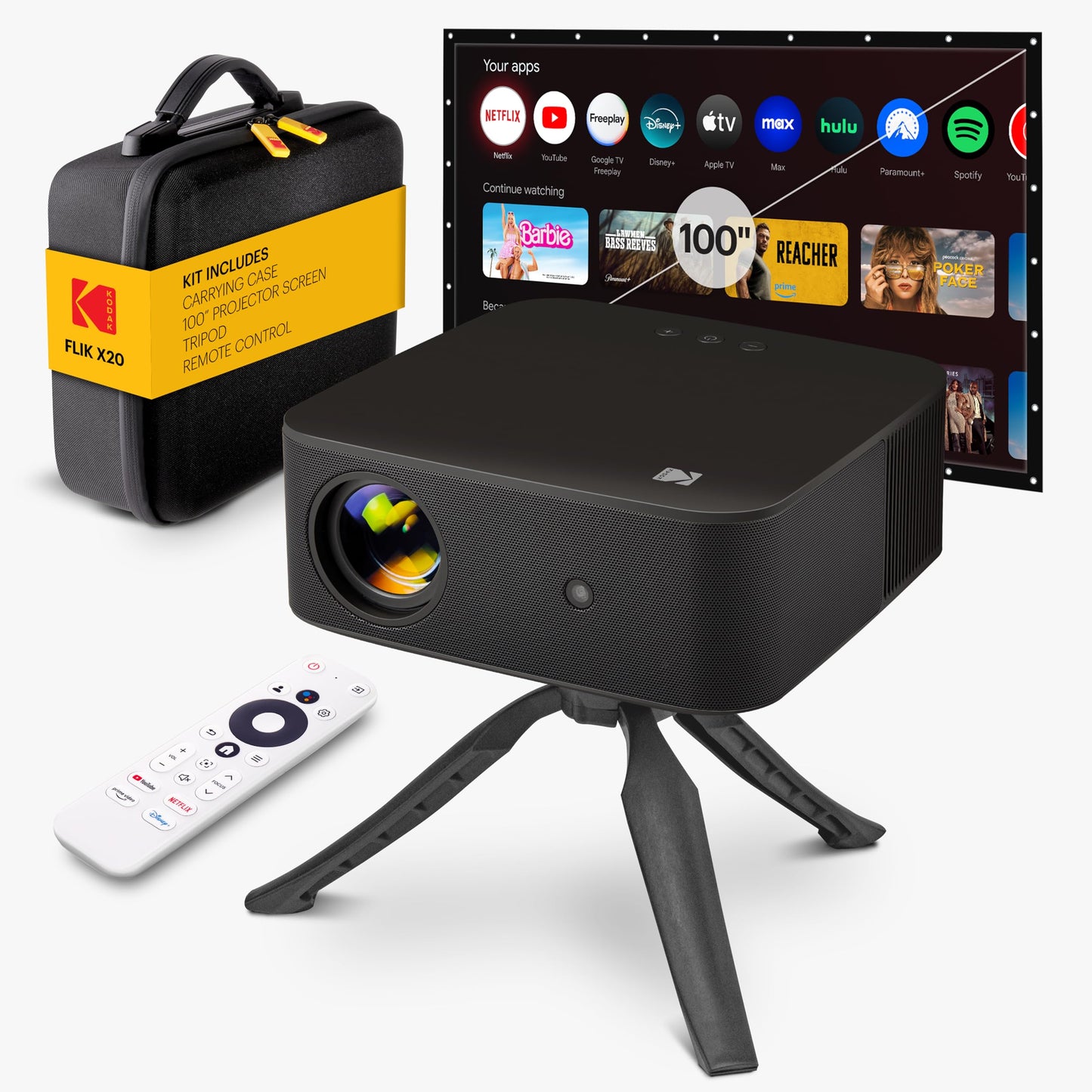 Kodak Flik X20 1080p Smart TV Proyector Kit con 300 ANSI LED, Auto-Focus & Keystone, HDR10 – Cine en casa portátil con funda EVA negra, trípode, visualización de 100 pulgadas, cable HDMI, control