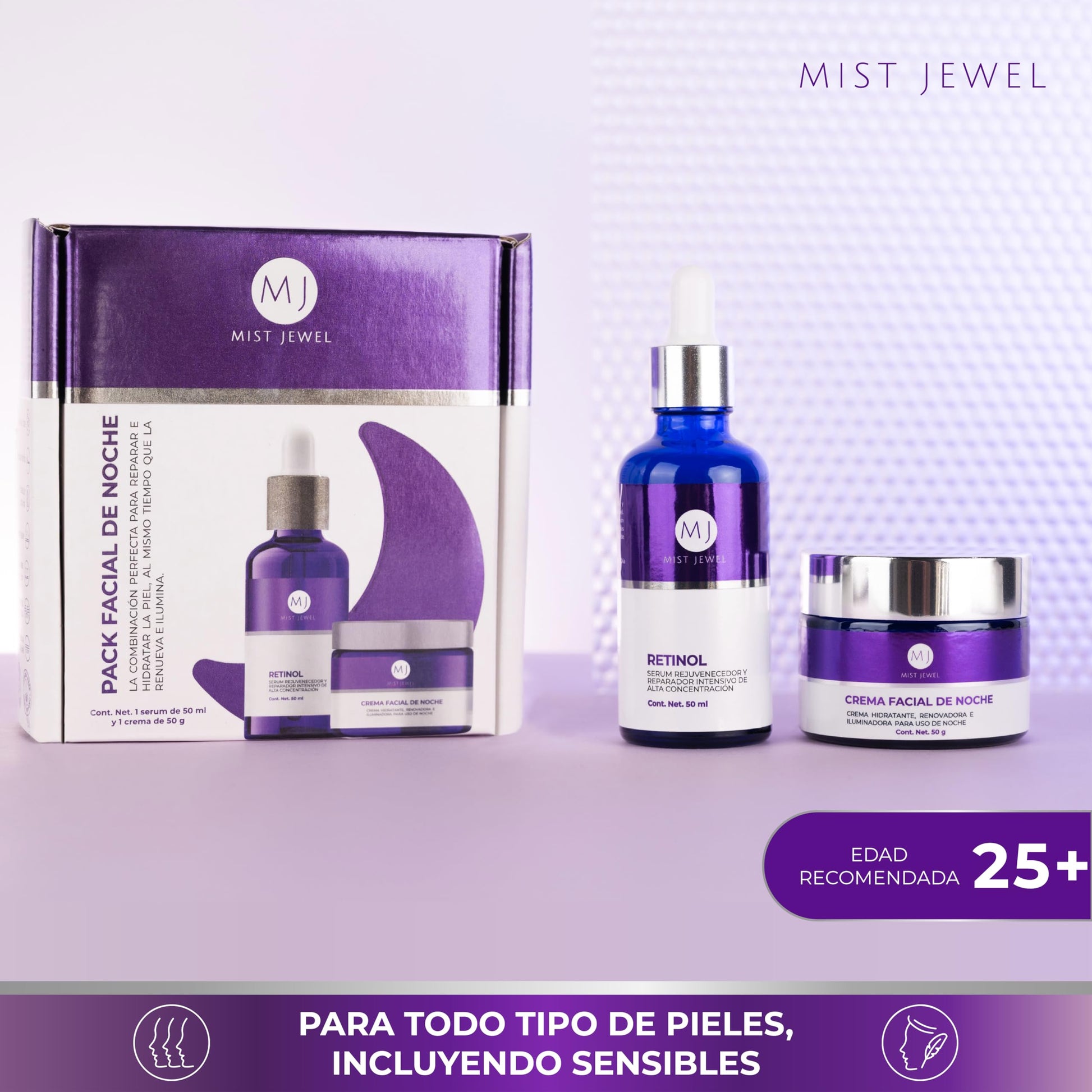 MIST JEWEL | Pack facial de noche con serum retinol 50ml y crema nocturna 50g para hombres y mujeres reparacion y renovacion | Paquete cuidado facial de suero + crema reperadora e hidratante