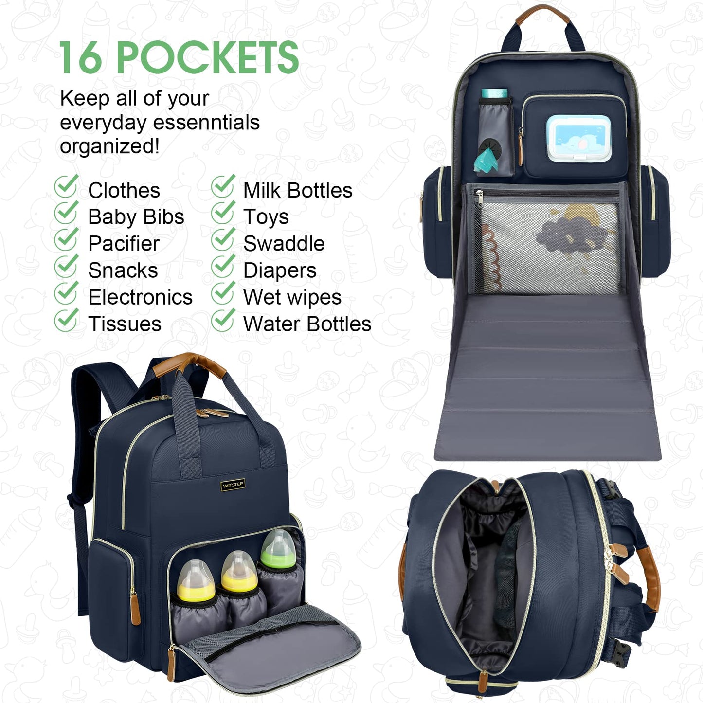 WITSTEP - Mochila para pañales con estación de cambio, organizador de pañales para bebés, para mamás, papás, bolsas grandes para cambiar de bebé, Azul, Bolsa de pañales con cambiador