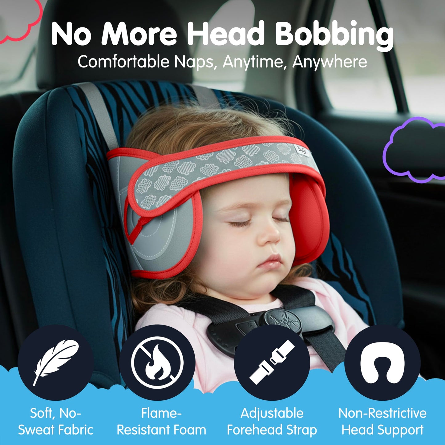 NAPUP Soporte para cabeza de niño para asientos de coche – Solución segura y cómoda de apoyo de almohada para cabeza y cuello para asientos delanteros de coche y refuerzos de respaldo alto – Accesorios de viaje para bebés y niños (roja)