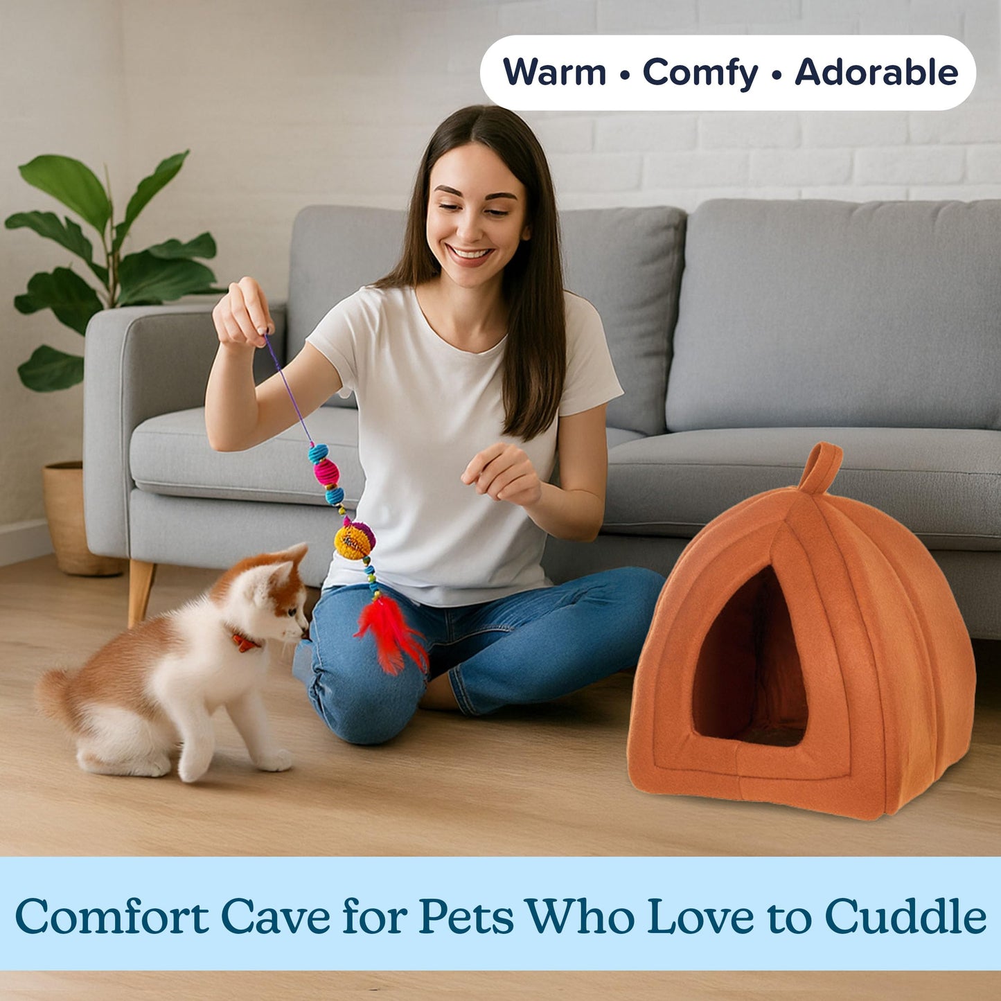 Petmaker Cozy Kitty Tent Igloo Plush Cat Bed, Brown