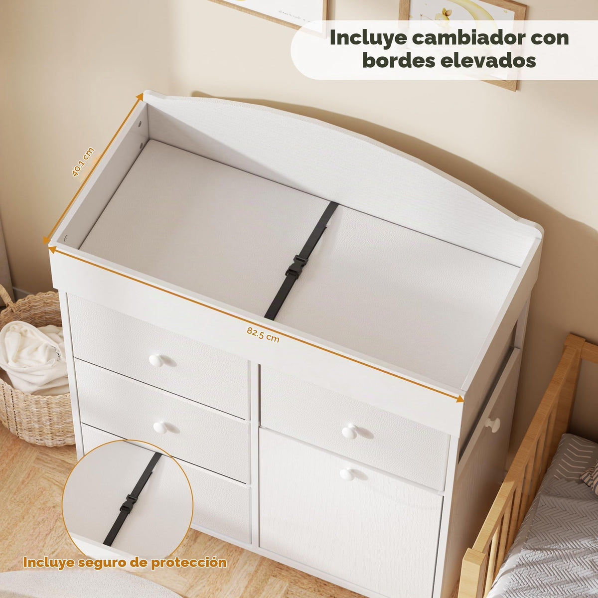DTK - Cómoda para bebé con superficie cambiadora, cómoda cambiadora de 4 cajones con gabinete de basura inclinable y estante extraíble, estación cambiadora de pañales con almohadilla impermeable y
