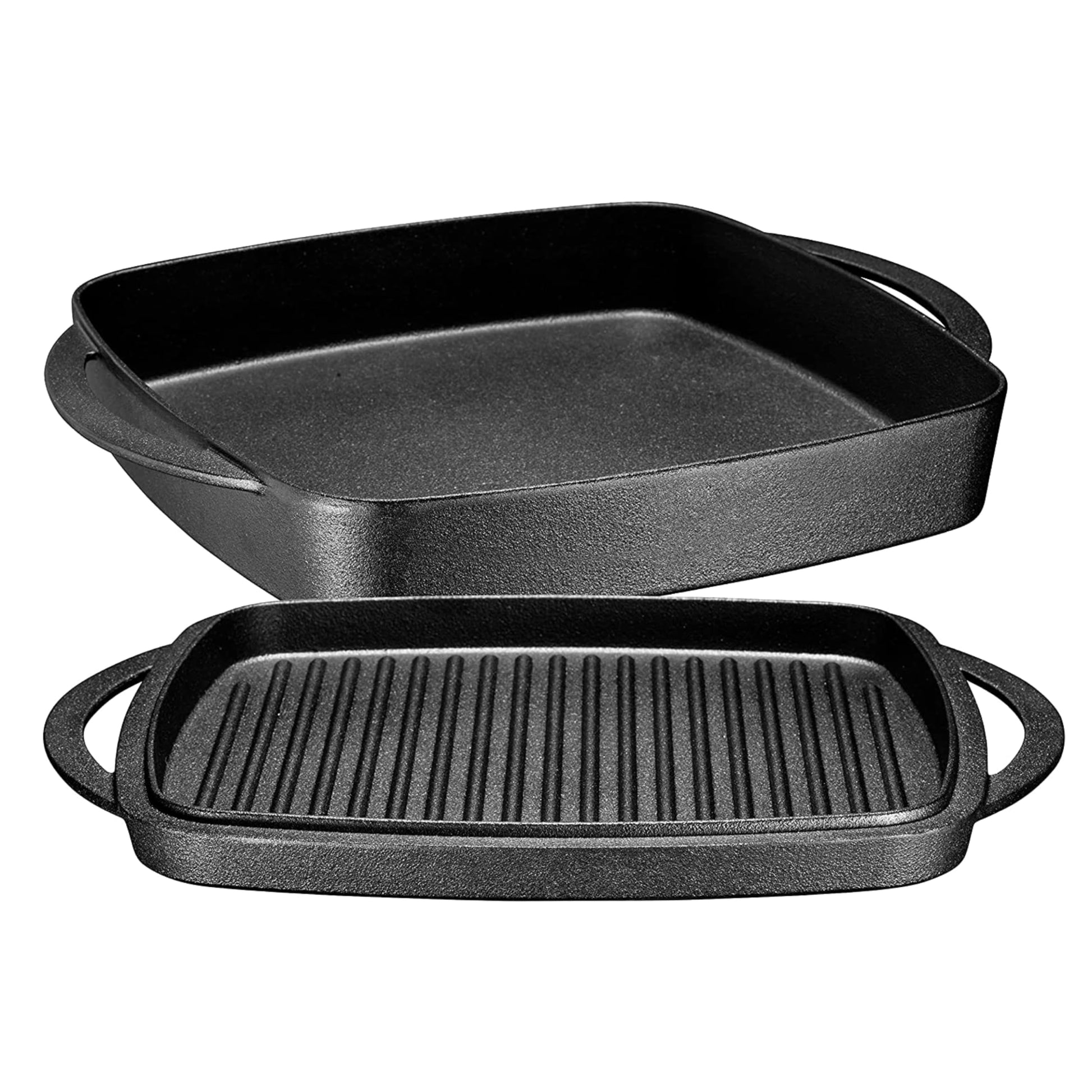 Bruntmor 2 en 1 presazonada de hierro fundido para horno y parrilla holandés con asas duales, cacerola cuadrada antiadherente de 11 pulgadas con tapa, utensilios de cocina de hierro fundido para