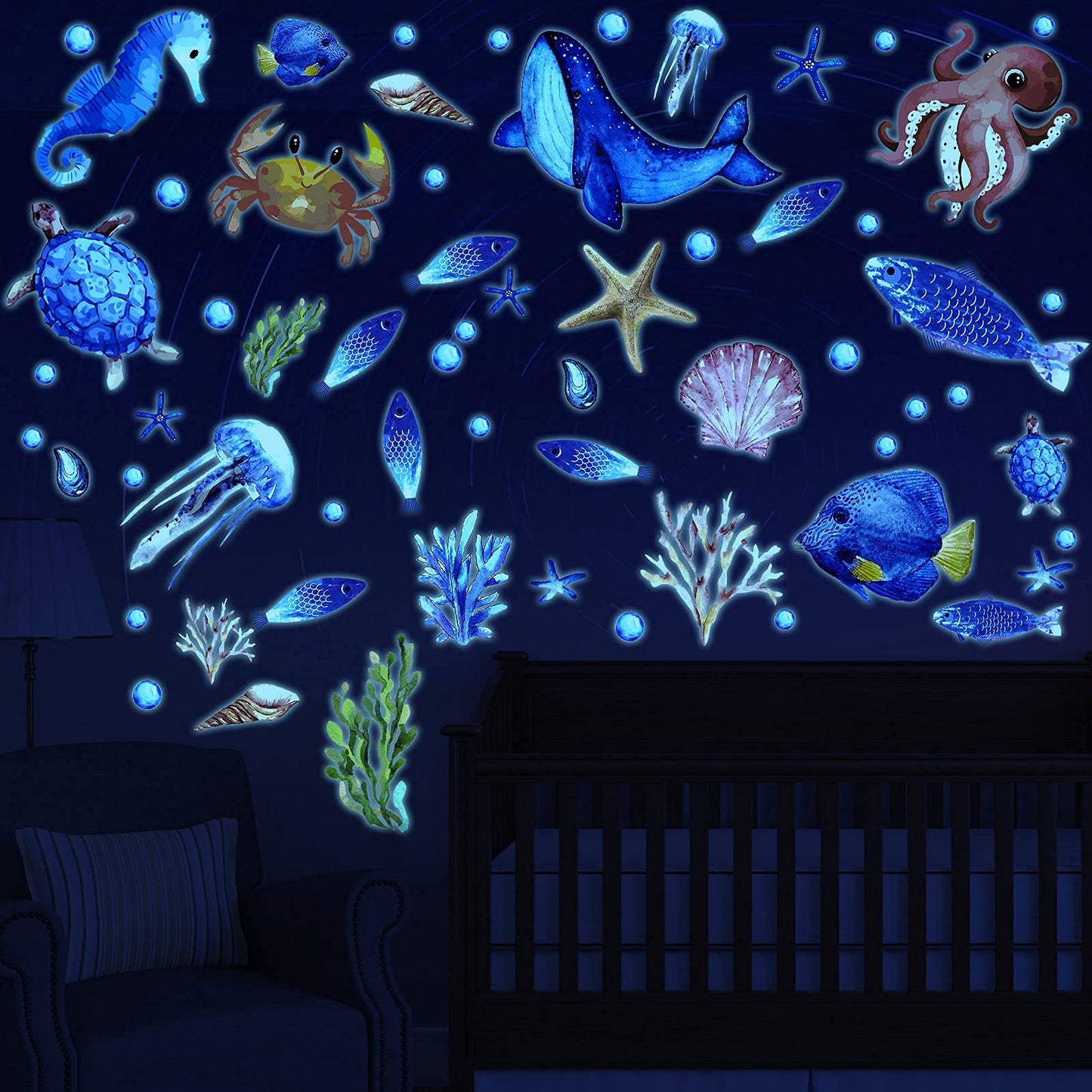 97 piezas Brillan en la oscuridad Mar pared Calcomanía Pegatinas Oceano pared Calcomanías Impermeable Retirable Brillante Pegatina por Niños Cuarto Decoración (Azul)
