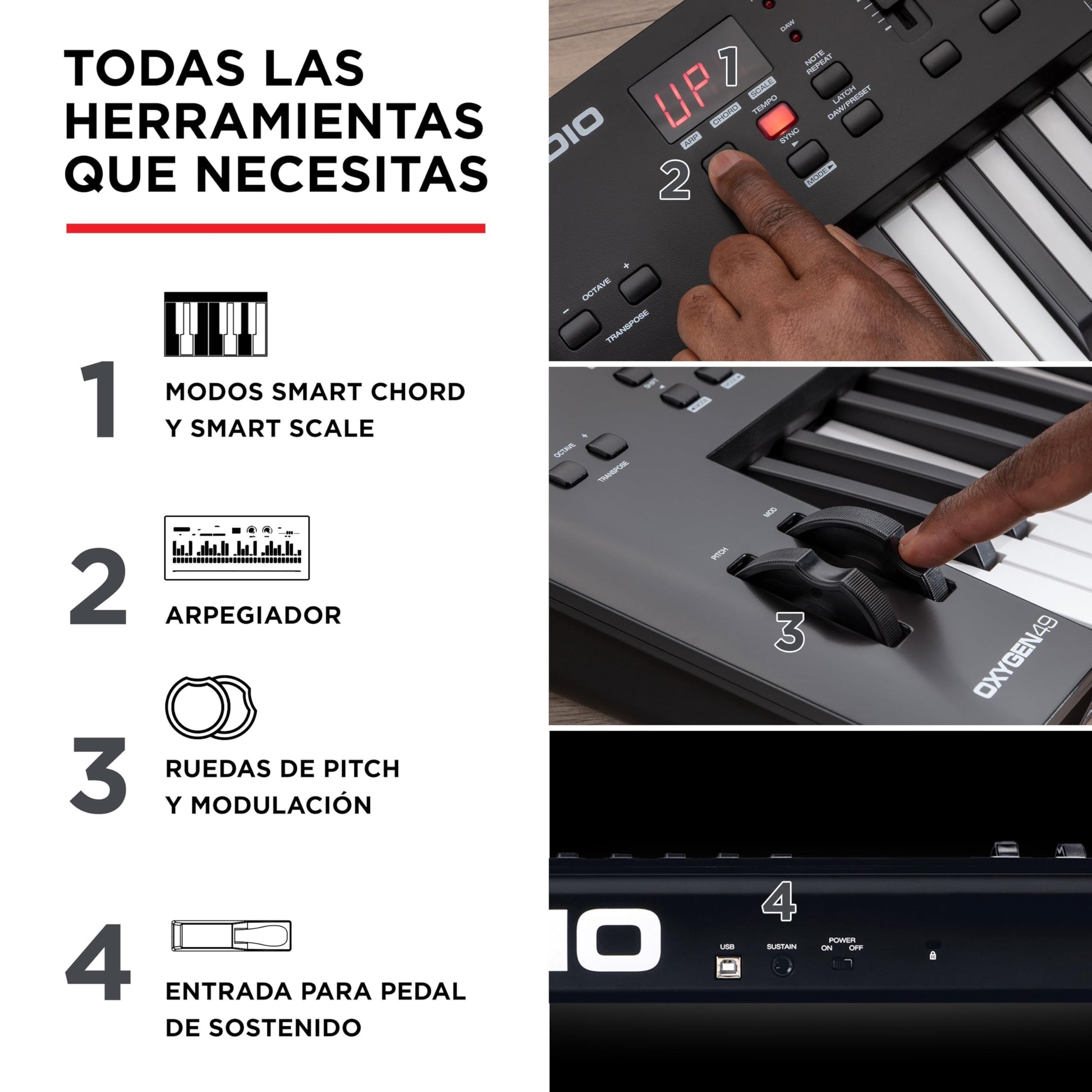 M-Audio Oxygen 49 V - Teclado controlador MIDI USB de 49 teclas con Beat Pads, modos Smart Chord y Scale, arpegiador y suite de software incluidos