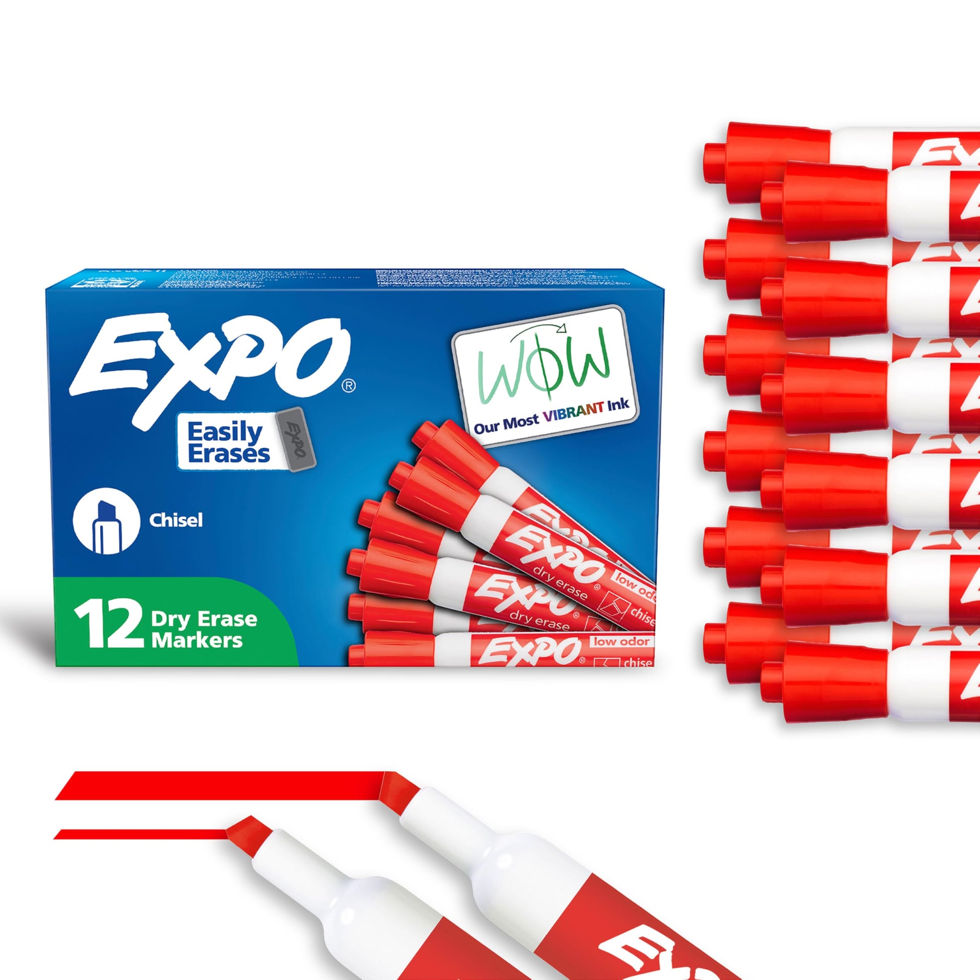 Expo Marcadores de borrado en seco con poco olor., Cincel, Rojo, 12-Count