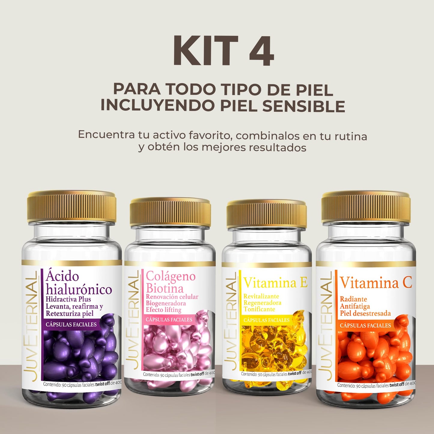 JUVETERNAL KIT Cápsulas Faciales Colágeno Biotina + Cápsulas Faciales Ácido Hialurónico + Cápsulas Faciales Vitamina E + Cápsulas Faciales Vitamina C
