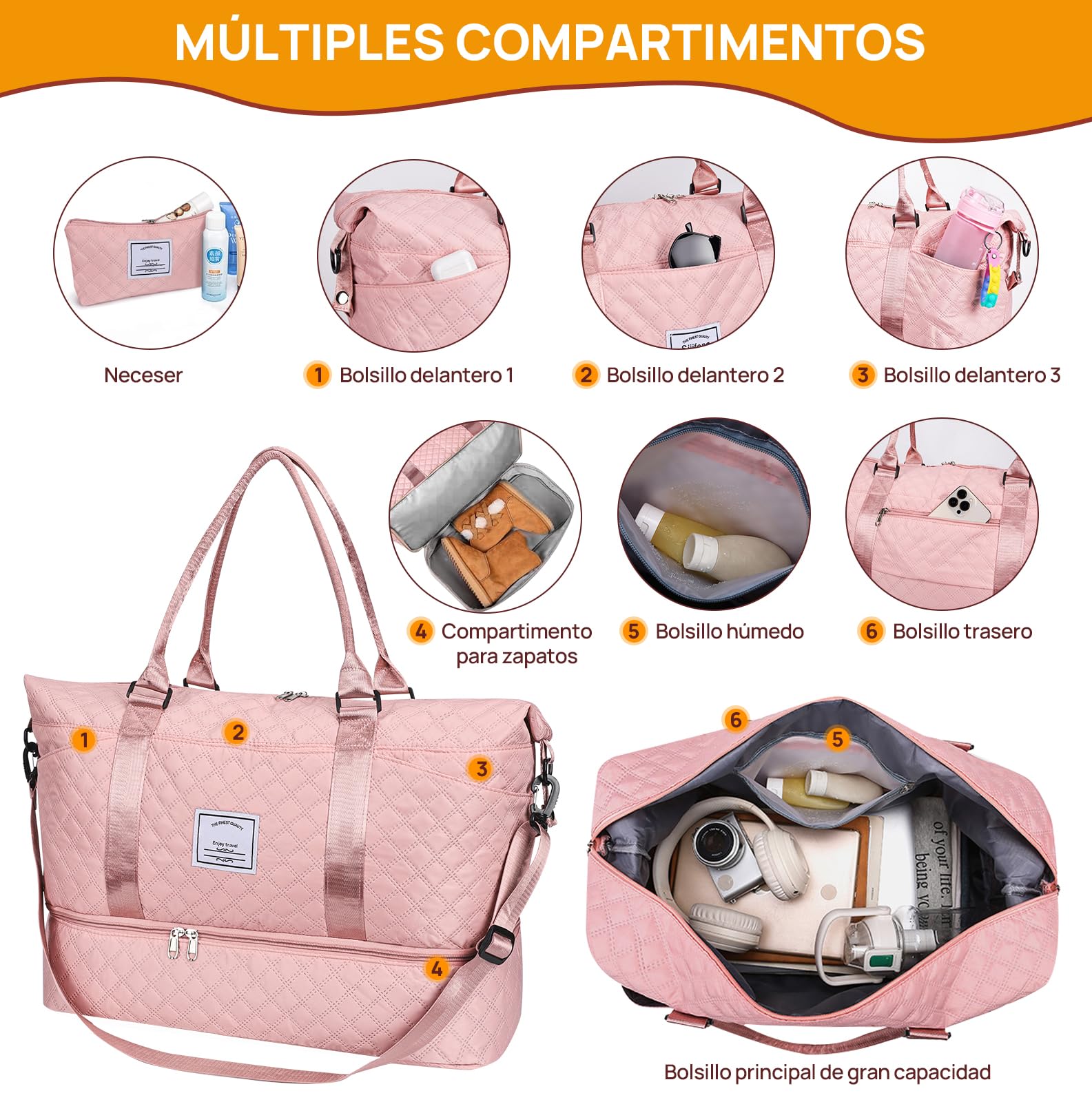 Bolsa de Deporte, Bolsa de Viaje Con Compartimento Para Zapatos y Neceser, Compartimentos Húmedo y Seco, Gran Capacidad, Resistente al Agua (rosa)