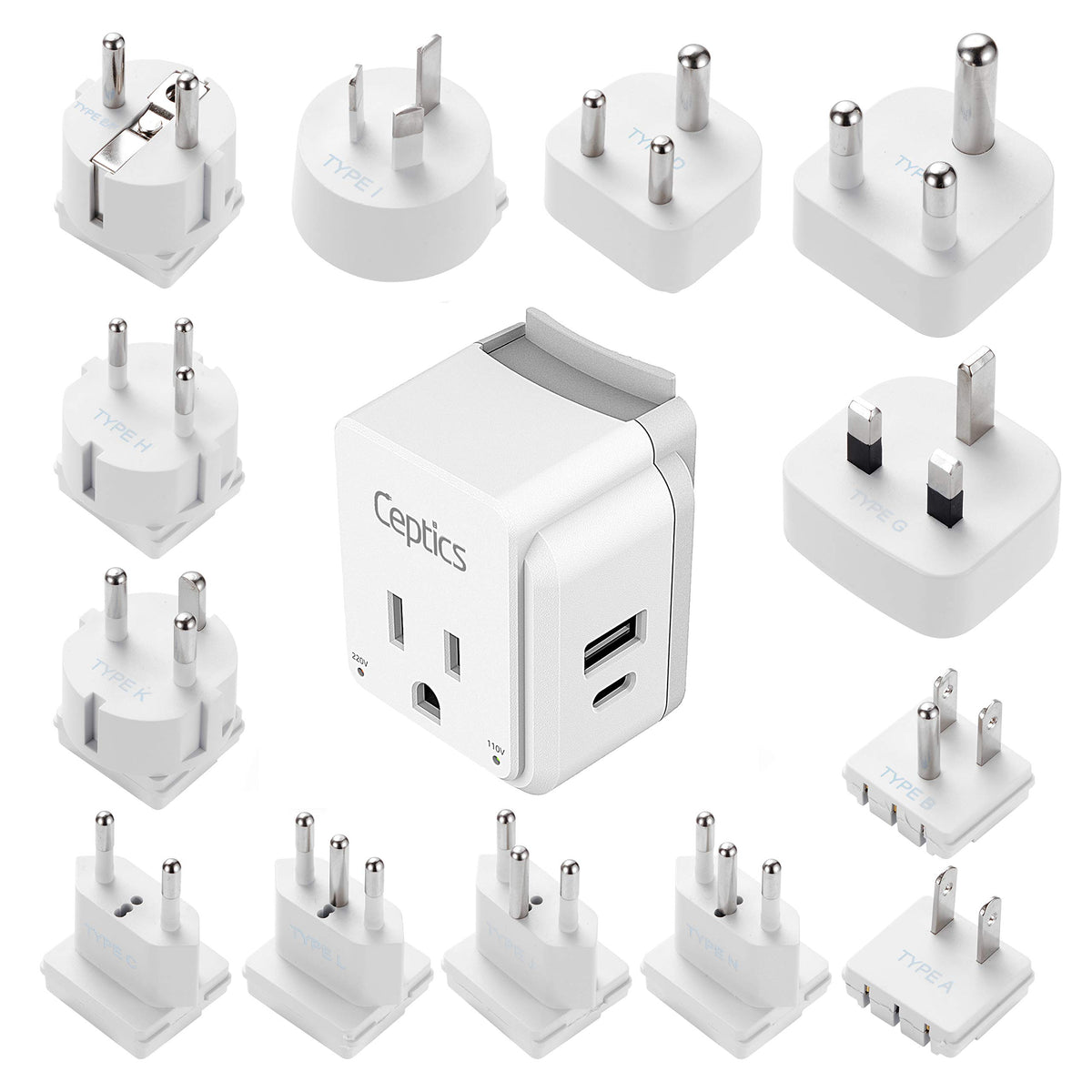 Juego de Adaptador de Enchufe Internacional Ceptics Blanco USB Dual Seguro y USB-C Compacto para Viajes por Europa, Asia, África y en Todo el Mundo