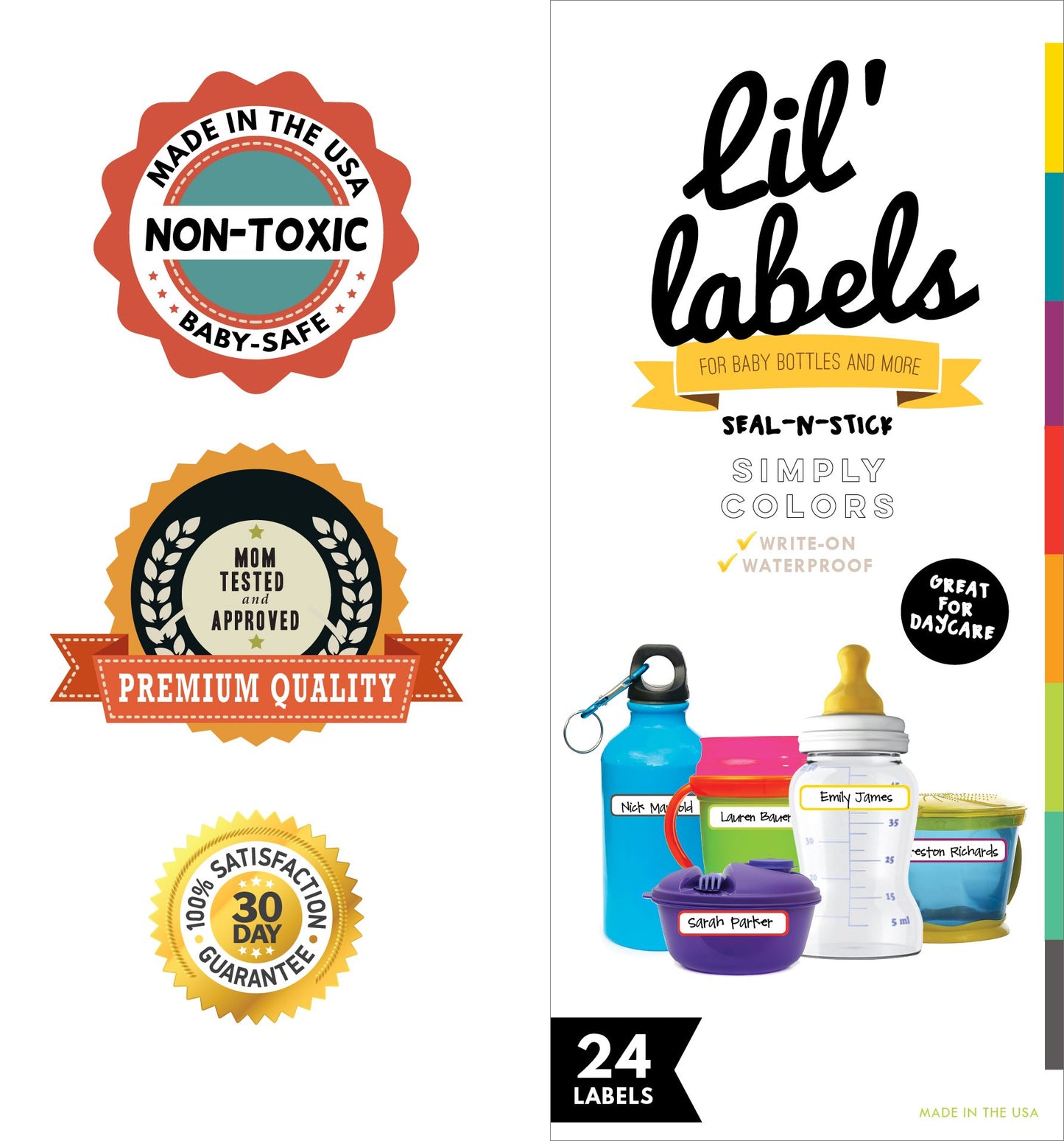 Baby Bottle Labels - Write-On, Self-Laminating, Dishwasher-safe, Simply Colors