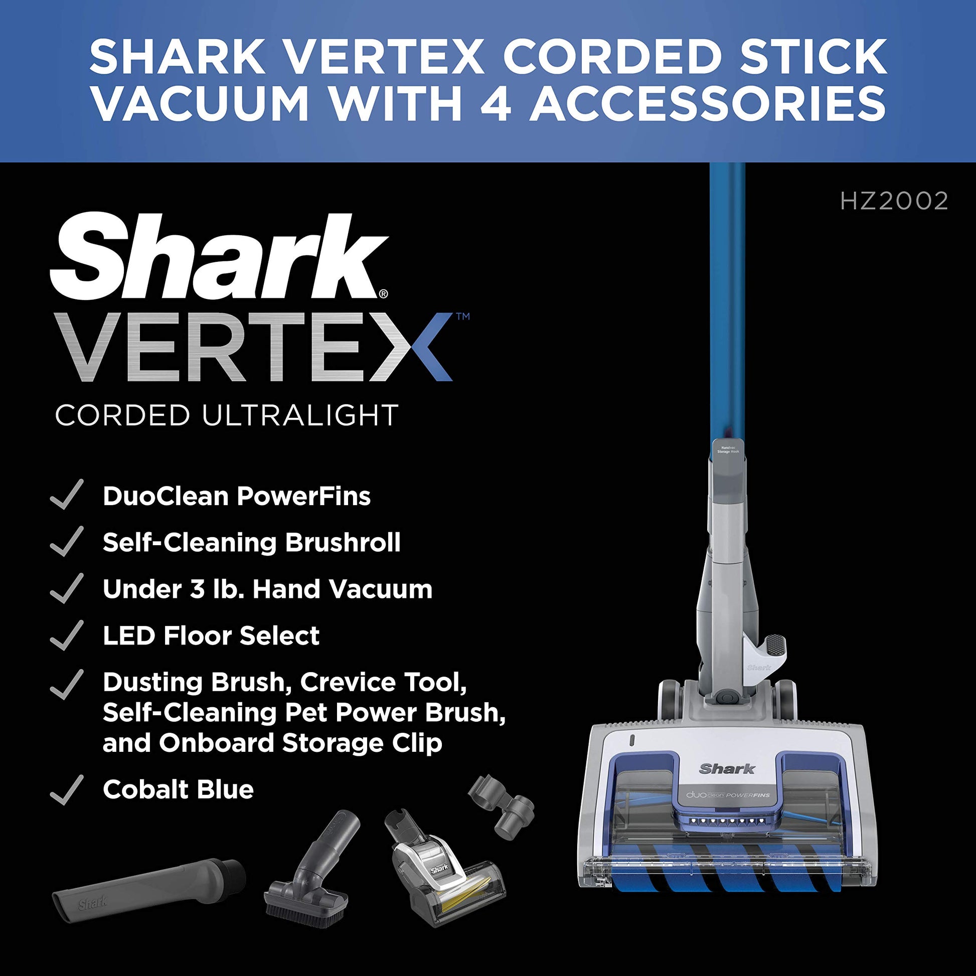 Shark HZ2002 Vertex con cable UltraLight DuoClean PowerFins Stick Vacío con cepillo de limpieza automático extraíble de mano, capacidad de taza de 0,32 cuartos secos, herramienta de hendidura, polvo y cepillo de alimentación para mascotas.