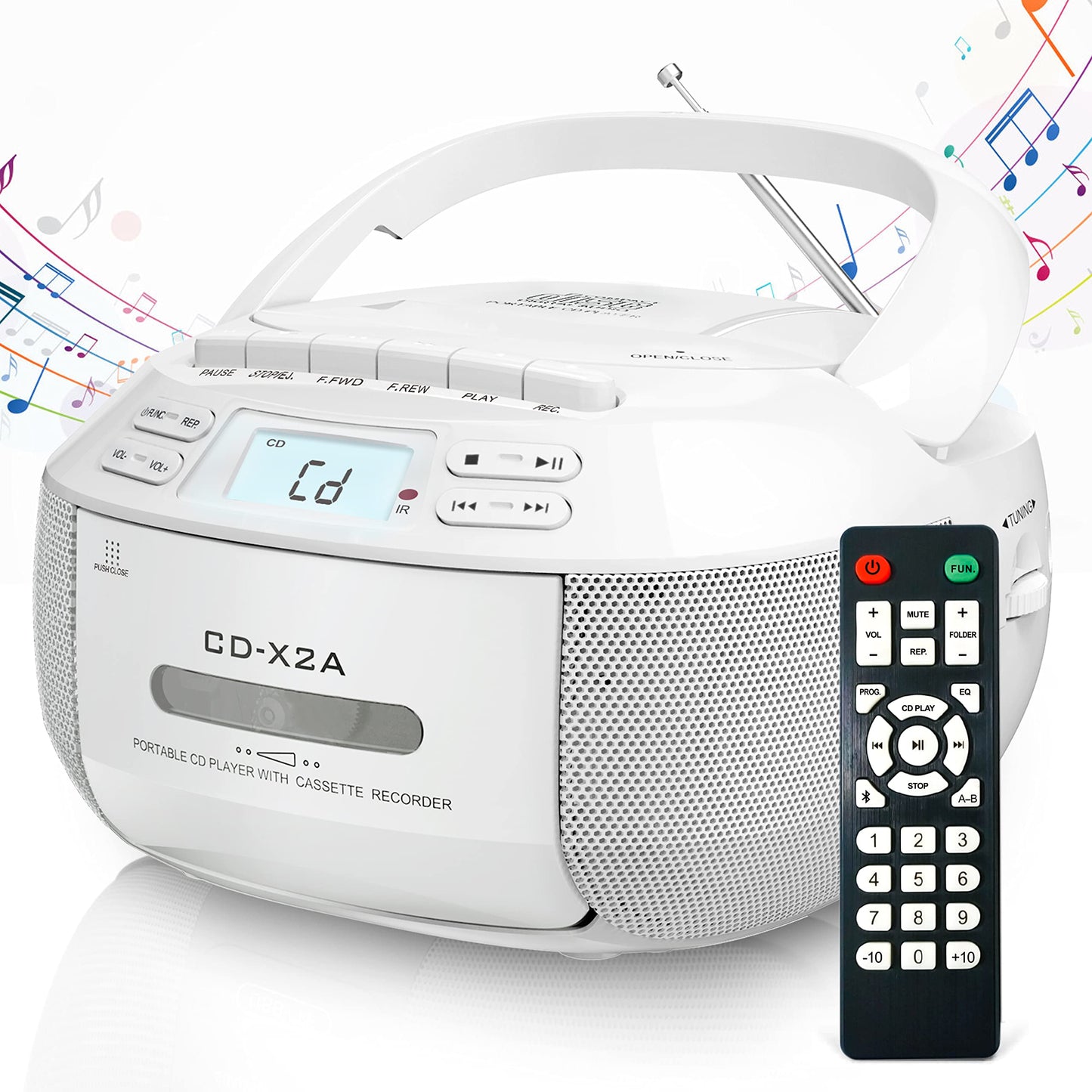 Greadio Reproductor de CD Boombox Cassette Combo con Bluetooth, radio AM/FM, sonido estéreo con control remoto, unidad AUX/USB, grabación de cinta, alimentación CA/CC, conector de auriculares,