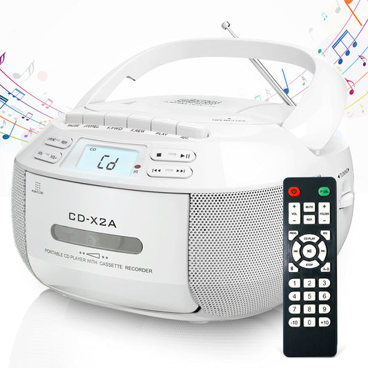 Greadio Reproductor de CD Boombox Cassette Combo con Bluetooth, radio AM/FM, sonido estéreo con control remoto, unidad AUX/USB, grabación de cinta, alimentación CA/CC, conector de auriculares,
