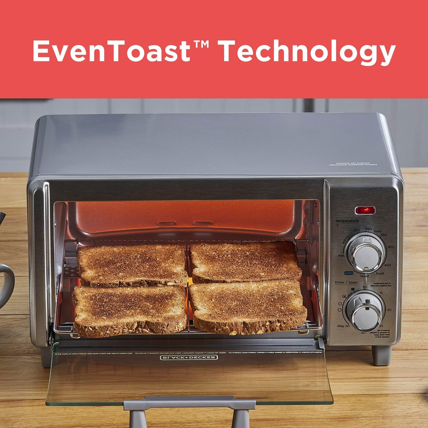 BLACK+DECKER Crisp 'N Bake Air Fry Horno tostador de convección, capacidad media, 4 veces, 5 en 1, se adapta a pizza de 9 pulgadas, temporizador de 30 minutos, hornear, asar, freír al aire, tostadas