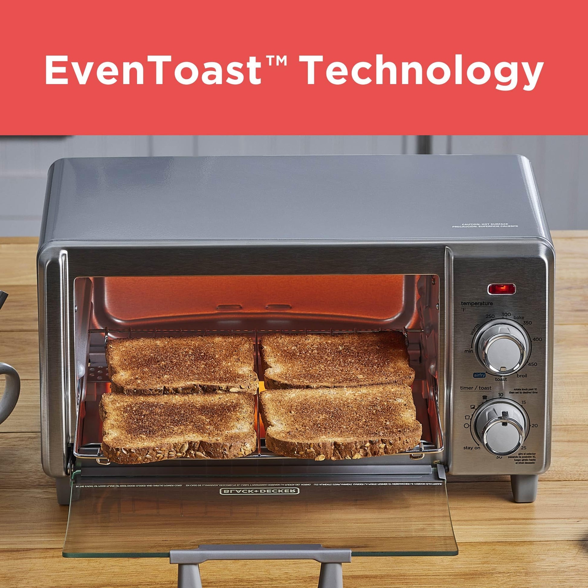 BLACK+DECKER Crisp 'N Bake Air Fry Horno tostador de convección, capacidad media, 4 veces, 5 en 1, se adapta a pizza de 9 pulgadas, temporizador de 30 minutos, hornear, asar, freír al aire, tostadas