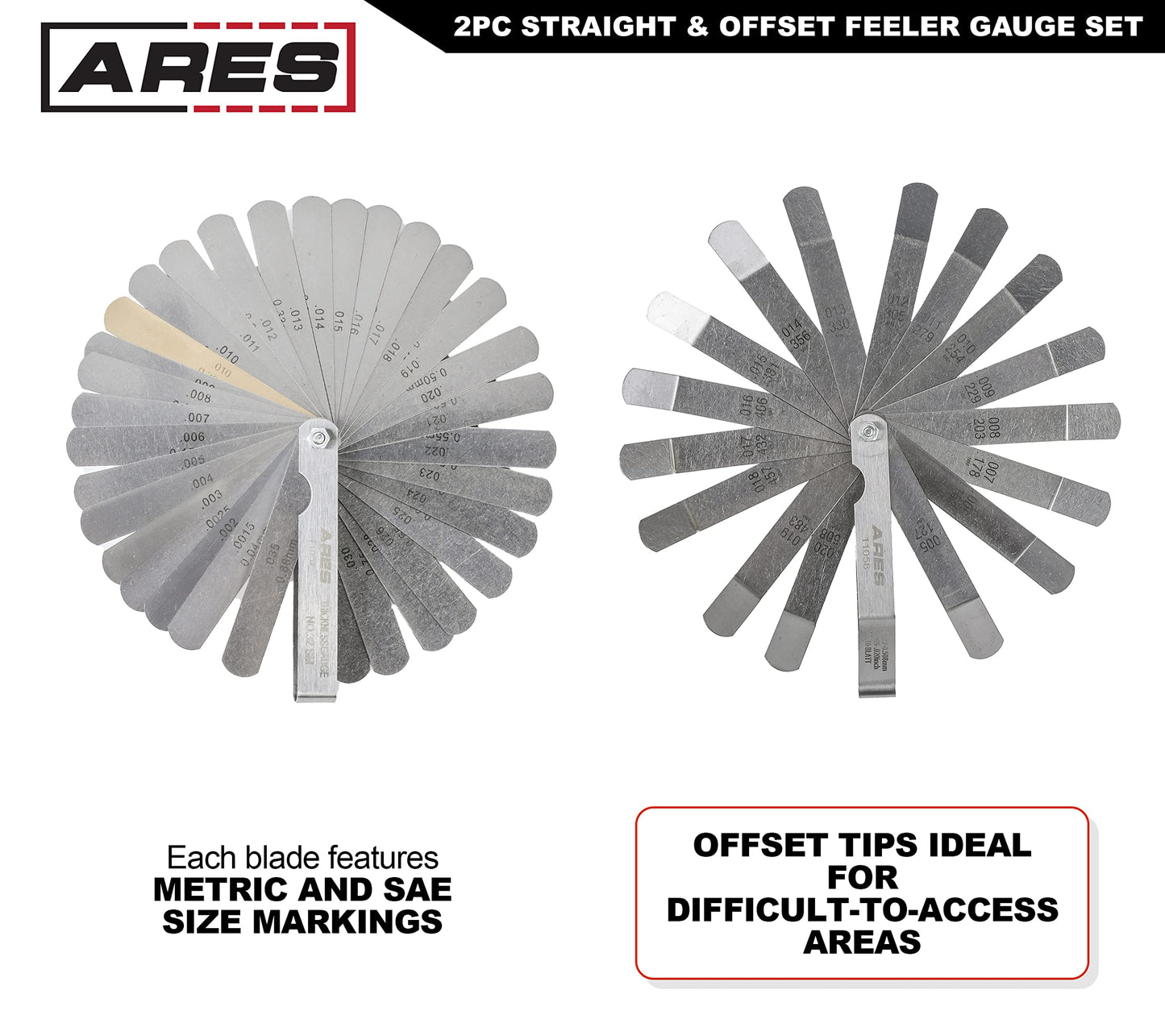 ARES 11043 - Juego de 2 medidores rectos y sensores de compensación – El medidor recto tiene 32 tamaños SAE y métricos de doble marca – El desplazamiento tiene 16 tamaños de doble marca – Mide con precisión las holguras mecánicas