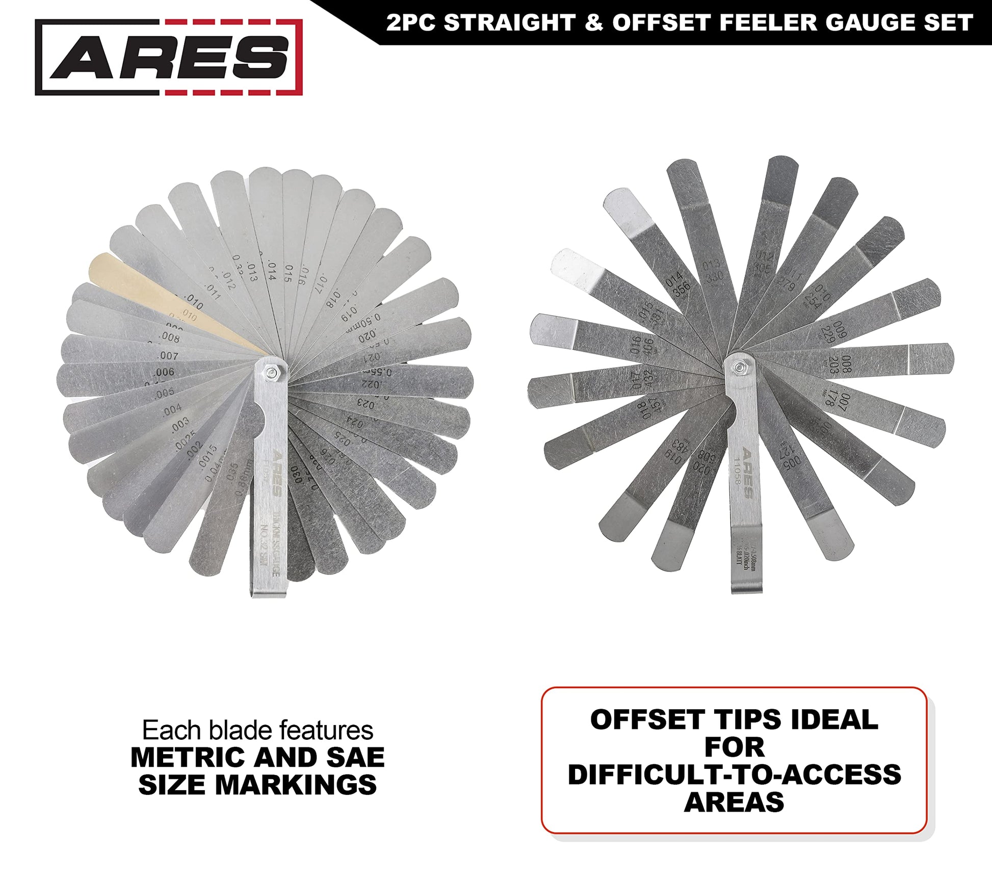 ARES 11043 - Juego de 2 medidores rectos y sensores de compensación – El medidor recto tiene 32 tamaños SAE y métricos de doble marca – El desplazamiento tiene 16 tamaños de doble marca – Mide con precisión las holguras mecánicas