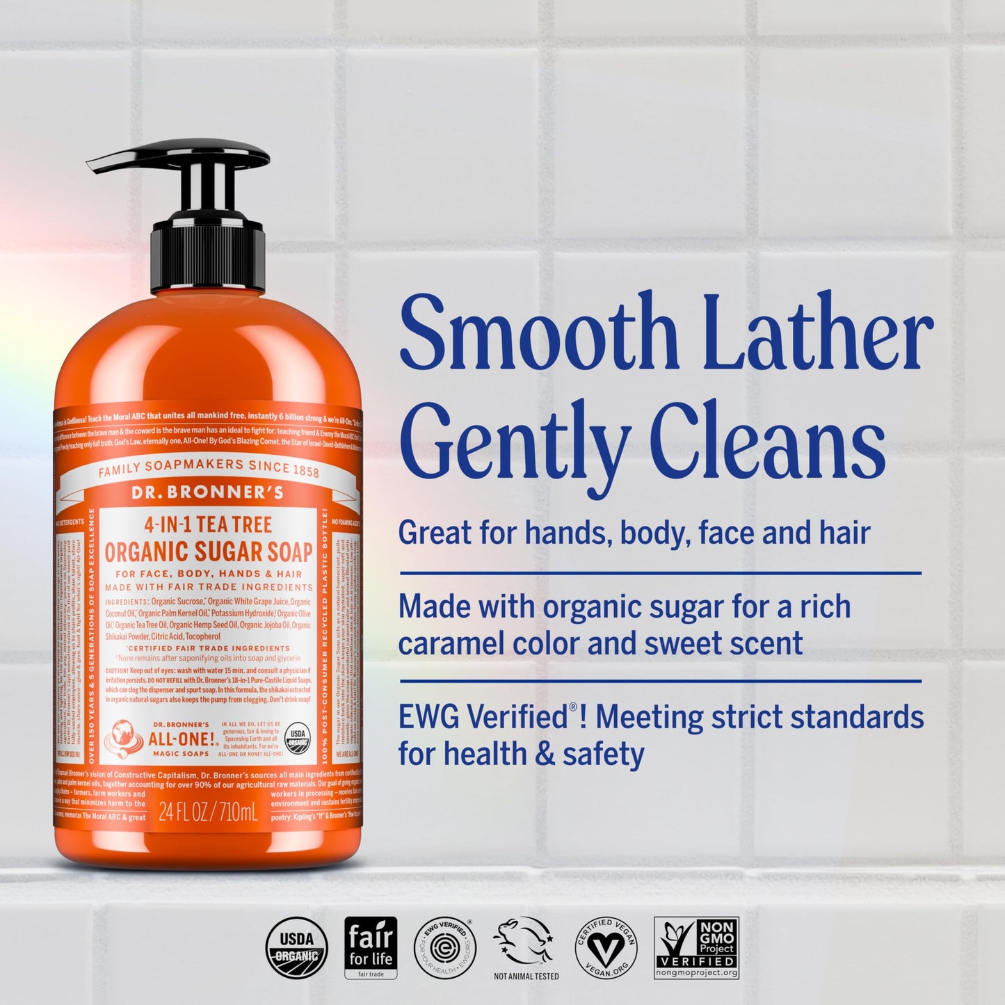 Dr. Bronner's | Jabón líquido de azúcar orgánico, elaborado con aceites vegetales, Shikakai y azúcar, usos 4 en 1: manos, cuerpo, rostro y cabello; limpia, hidrata y nutre - Árbol de Té, 1.9 L