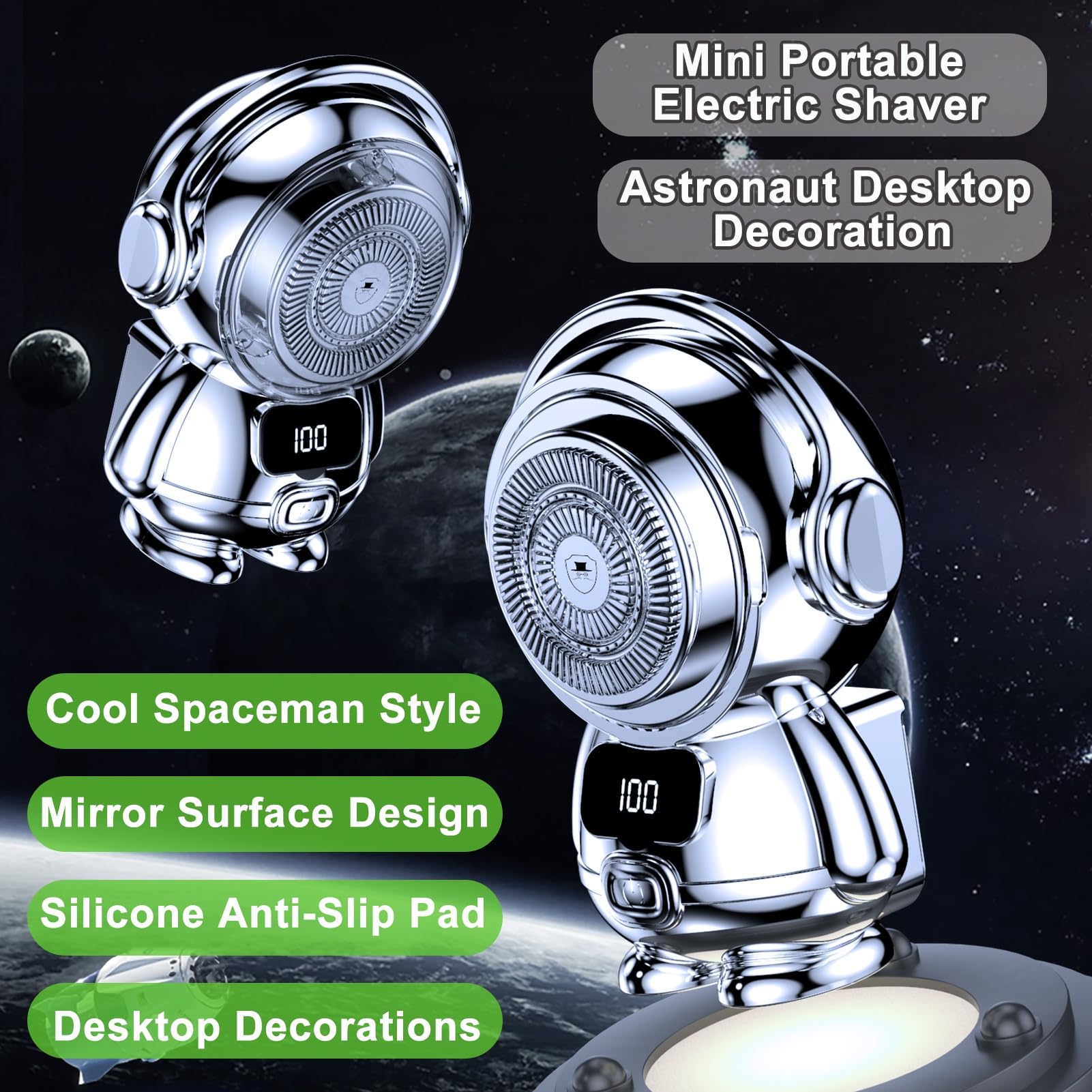JIMBOBO Mini Shave Afeitadora Eléctrica para Hombre, Astronautas Rasuradoras Eléctricas Giratorias con LED Almacén de Carga, Cuchilla Magnética, Doble Seco y Húmedo Afeitar para Hogar, Coche, Viajes
