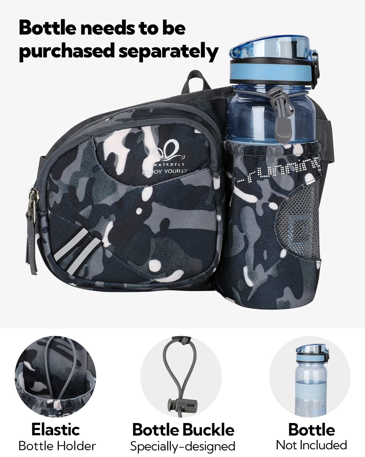 Riñonera WATERFLY Negro Deportiva con Soporte para Botellas para Mujer y Hombre