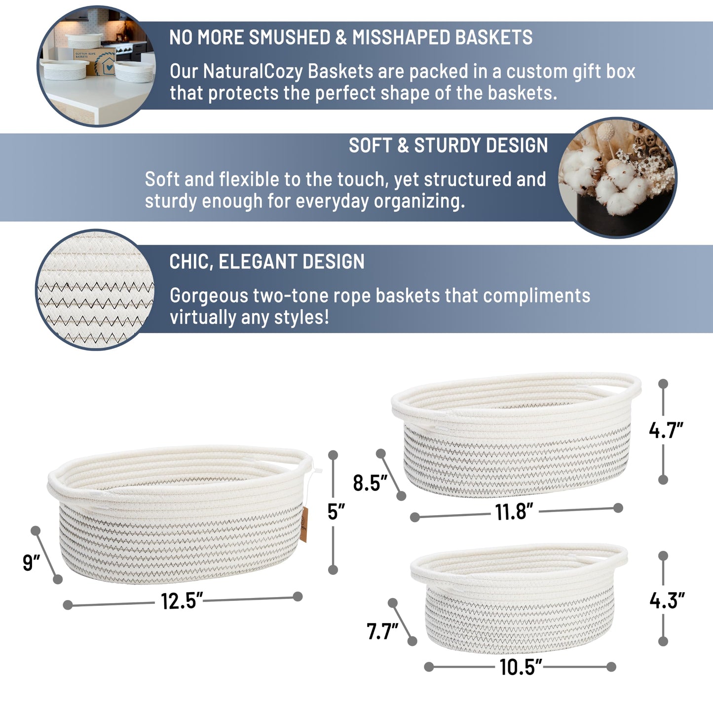 NaturalCozy 3-Piece Cotton Rope Baskets with Handles - 100% Natural Cotton! Oval Woven Storage Basket Set, Toy Basket, Small Soft Baby Nursery Baskets, Cat Dog Toy Baskets, Gift (Black Stitching)