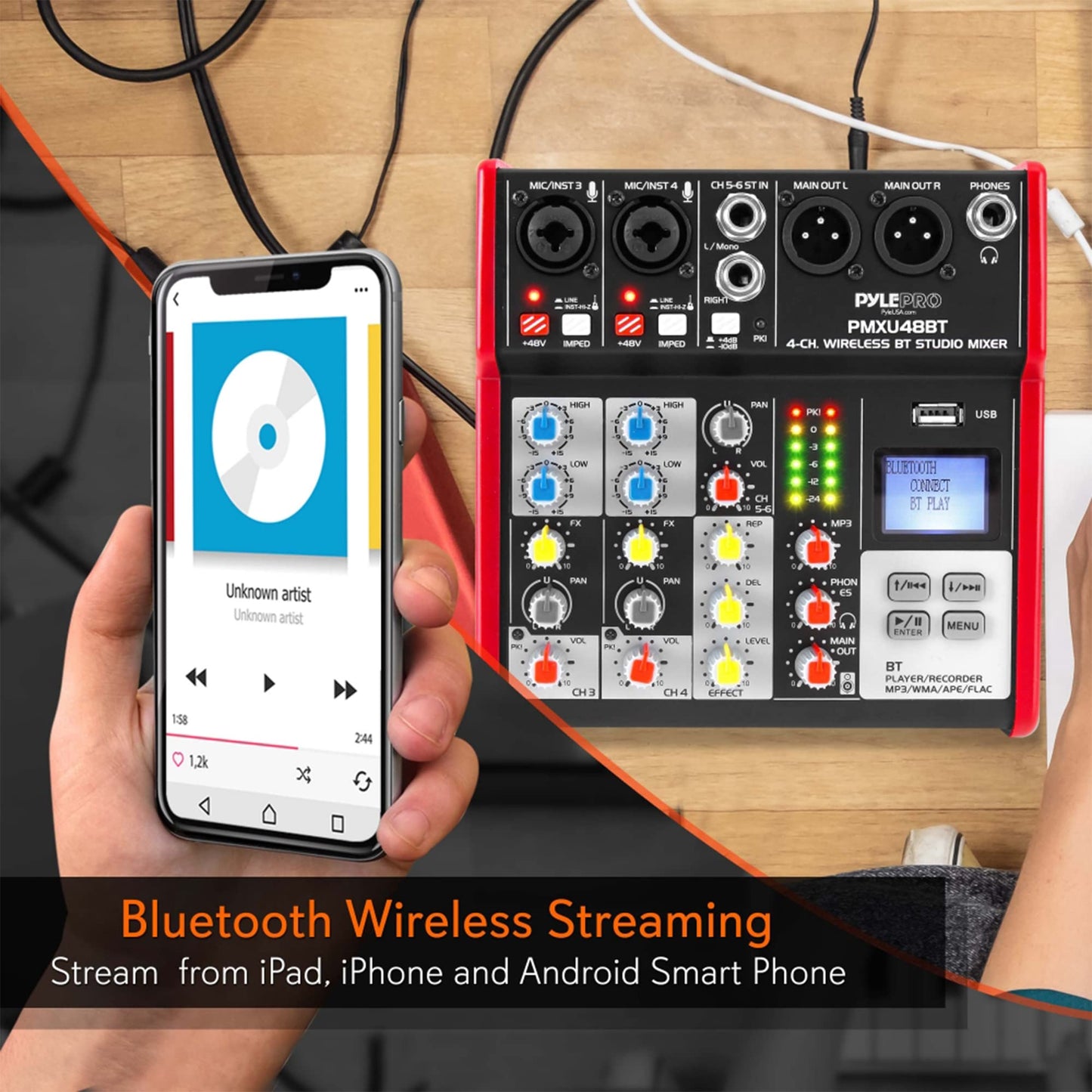 Consola de DJ Digital Pyle Rojo Compatible con Bluetooth y Mezclador USB 4 Canales