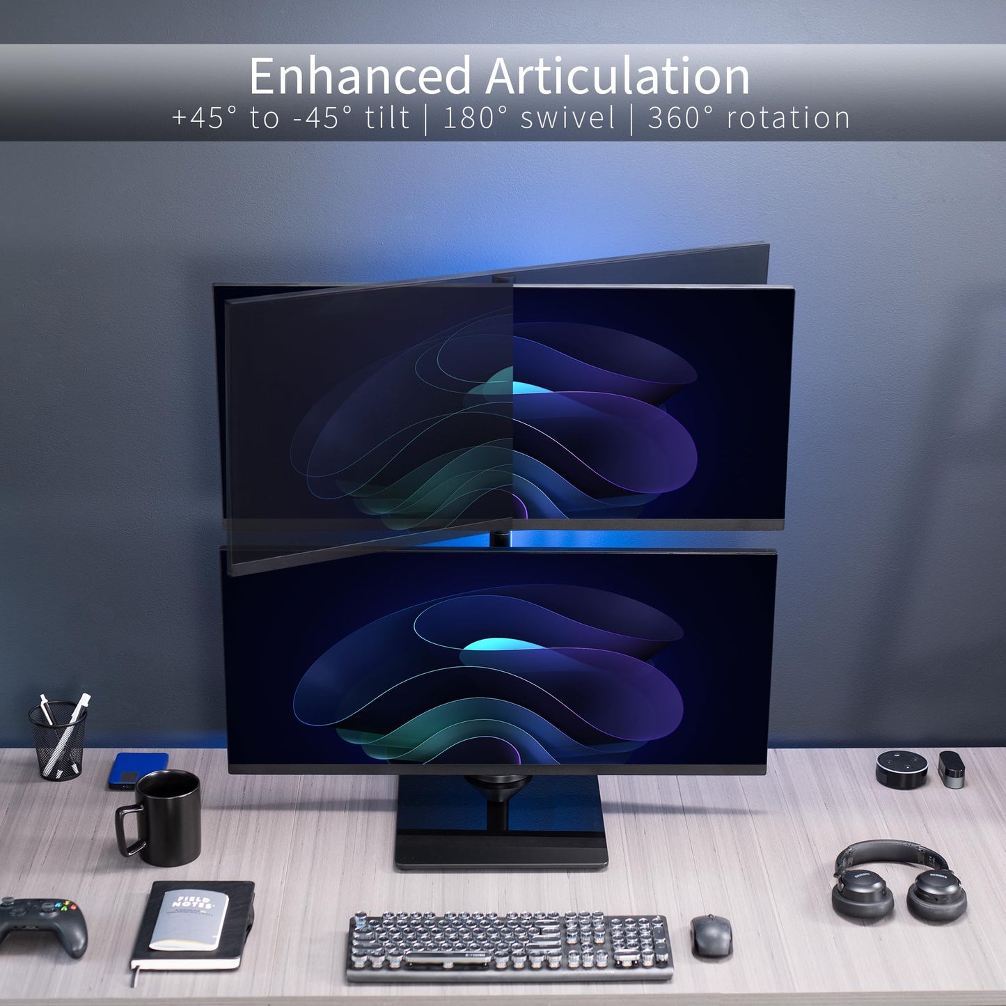 Soporte de Computadora VIVO Negro para Monitor Dual en Vidrio Templado