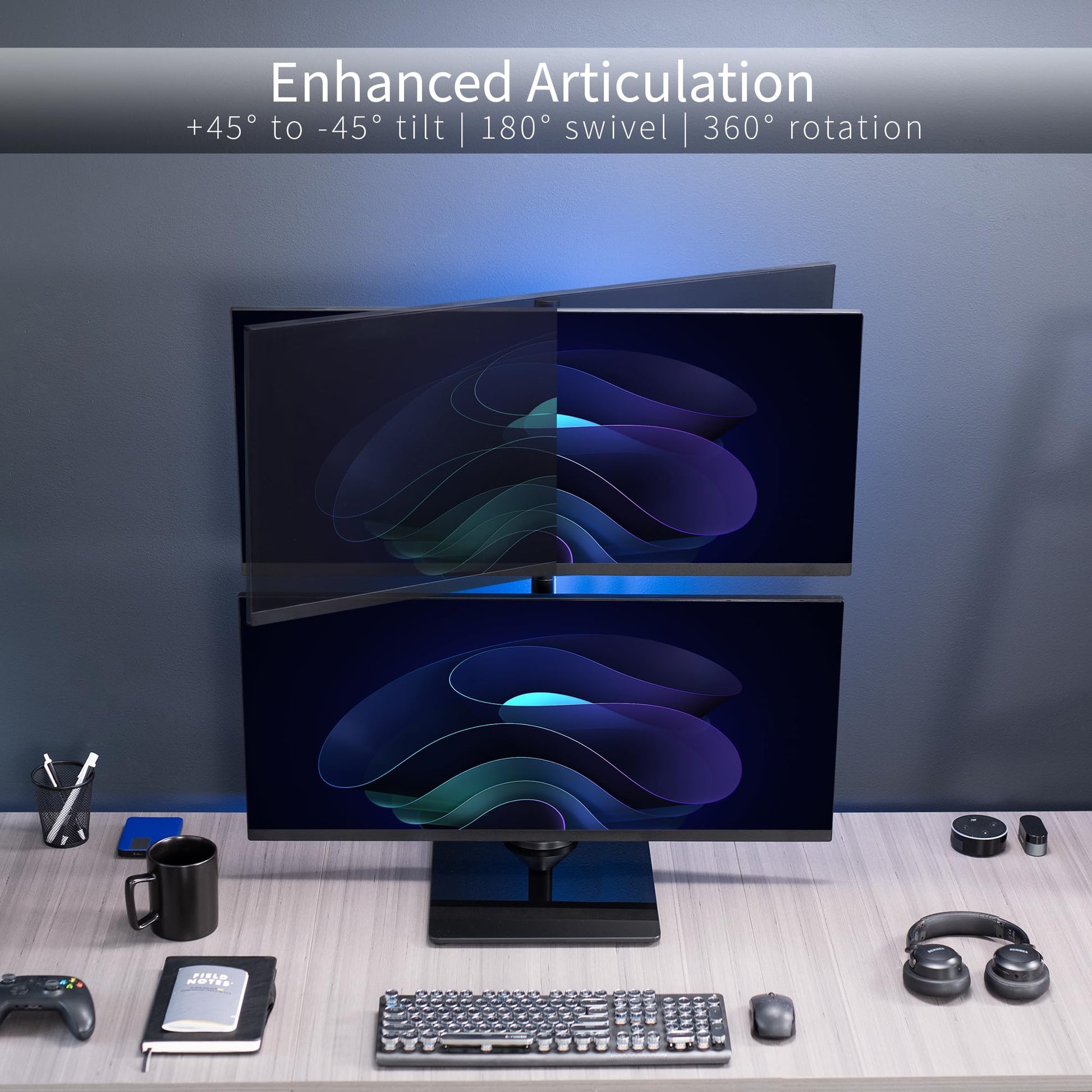 Soporte de Computadora VIVO Negro para Monitor Dual en Vidrio Templado