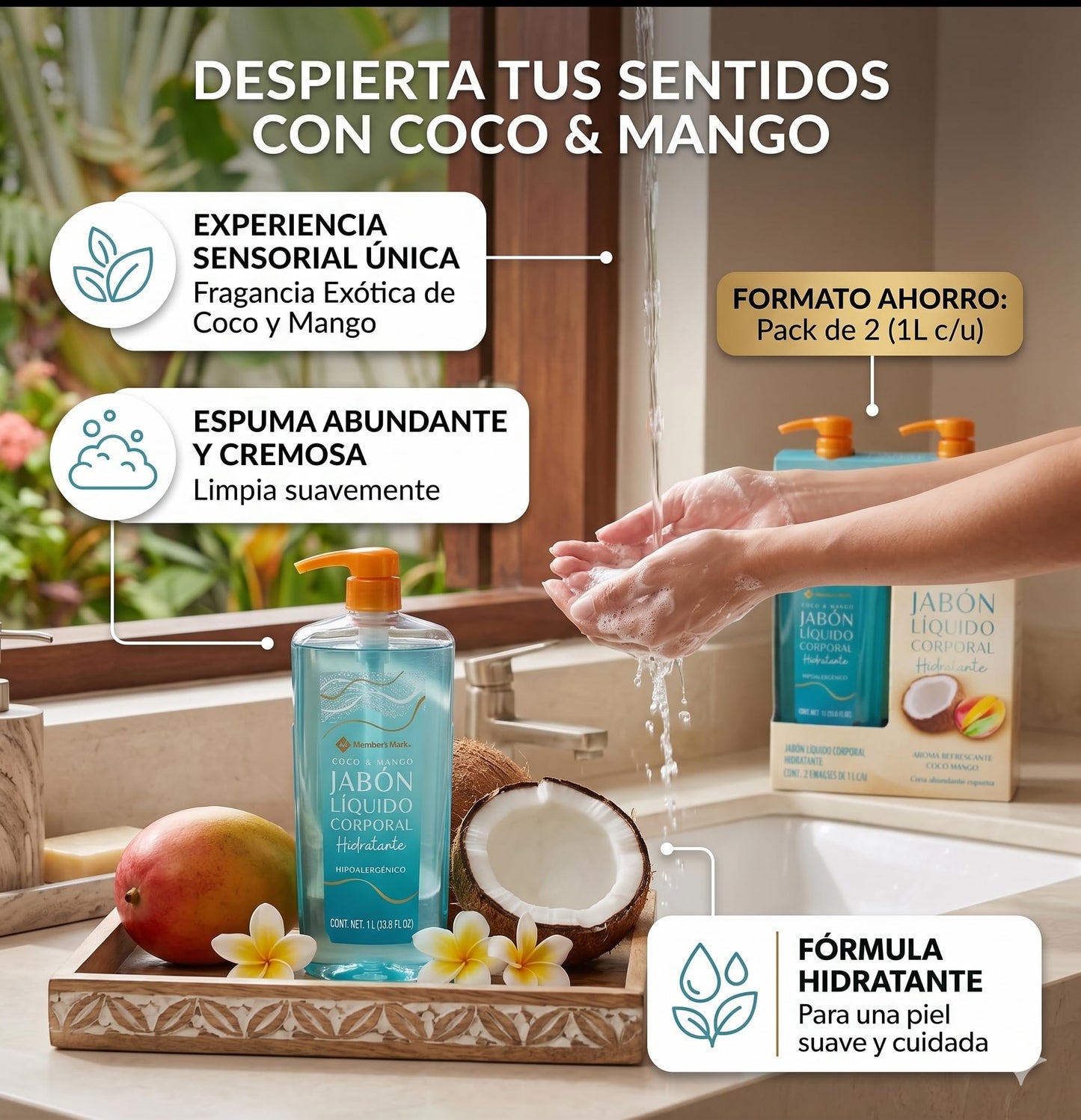 Member´s Mark, 2 Botellas de Jabón Líquido Corporal, Coco, Mango Hidratante de 1Lt.