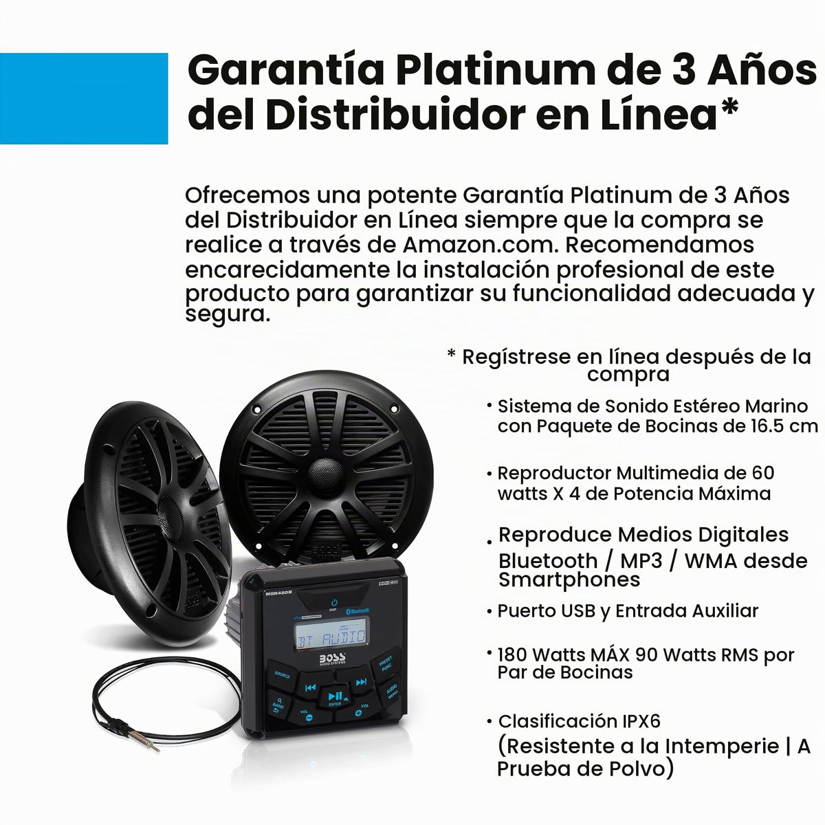 Paquete de Altavoces y Receptor Marino Boss Audio Systems Bluetooth Negro, IPX6 Resistente al Agua, Dos Altavoces de 6.5" y Un Receptor