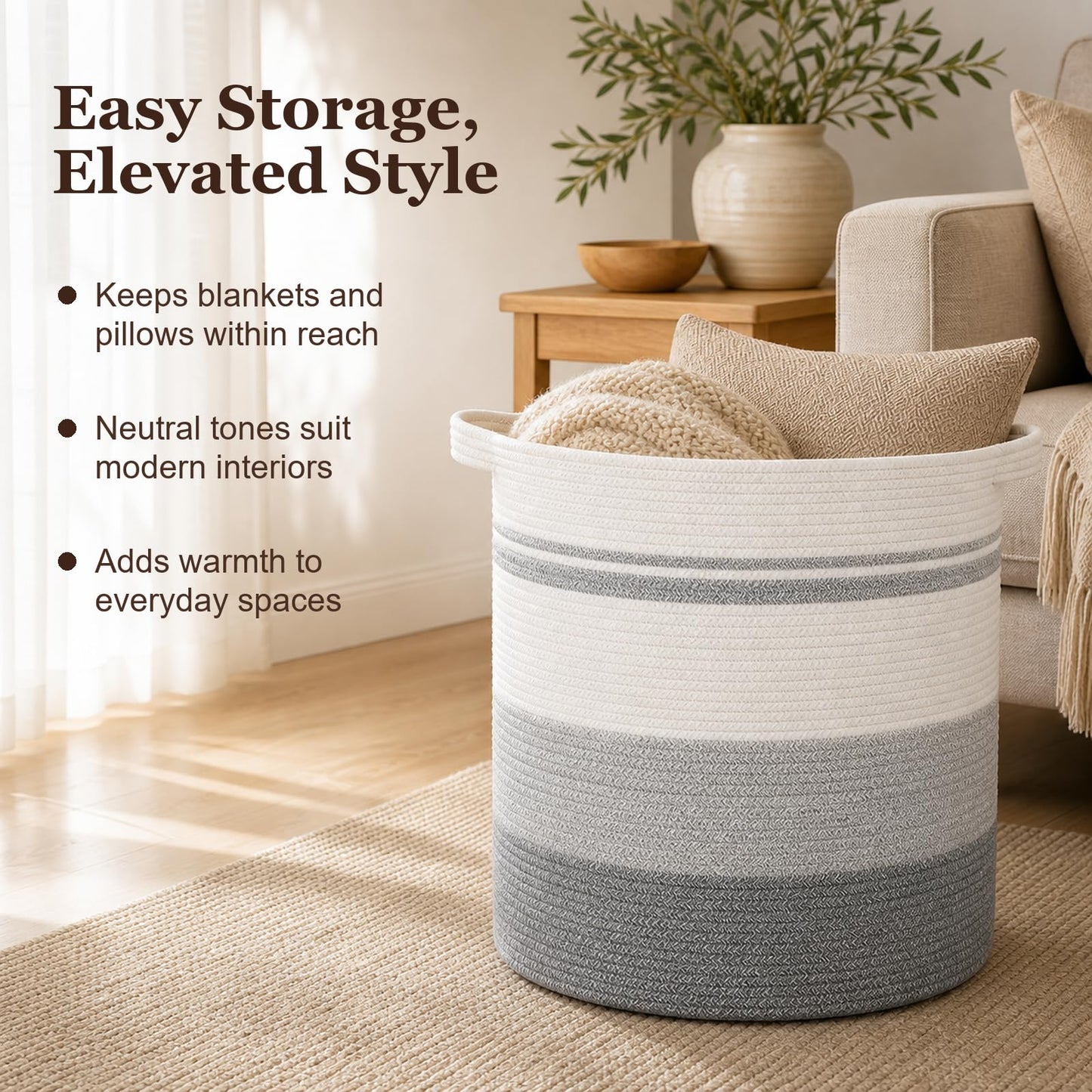 OIAHOMY - Cesta de lavandería de 80 litros con asas, cesta decorativa para sala de estar, cesta de almacenamiento tejida para contenedor de juguetes, almohadas, mantas, ropa, 20 x 18 pulgadas, gris