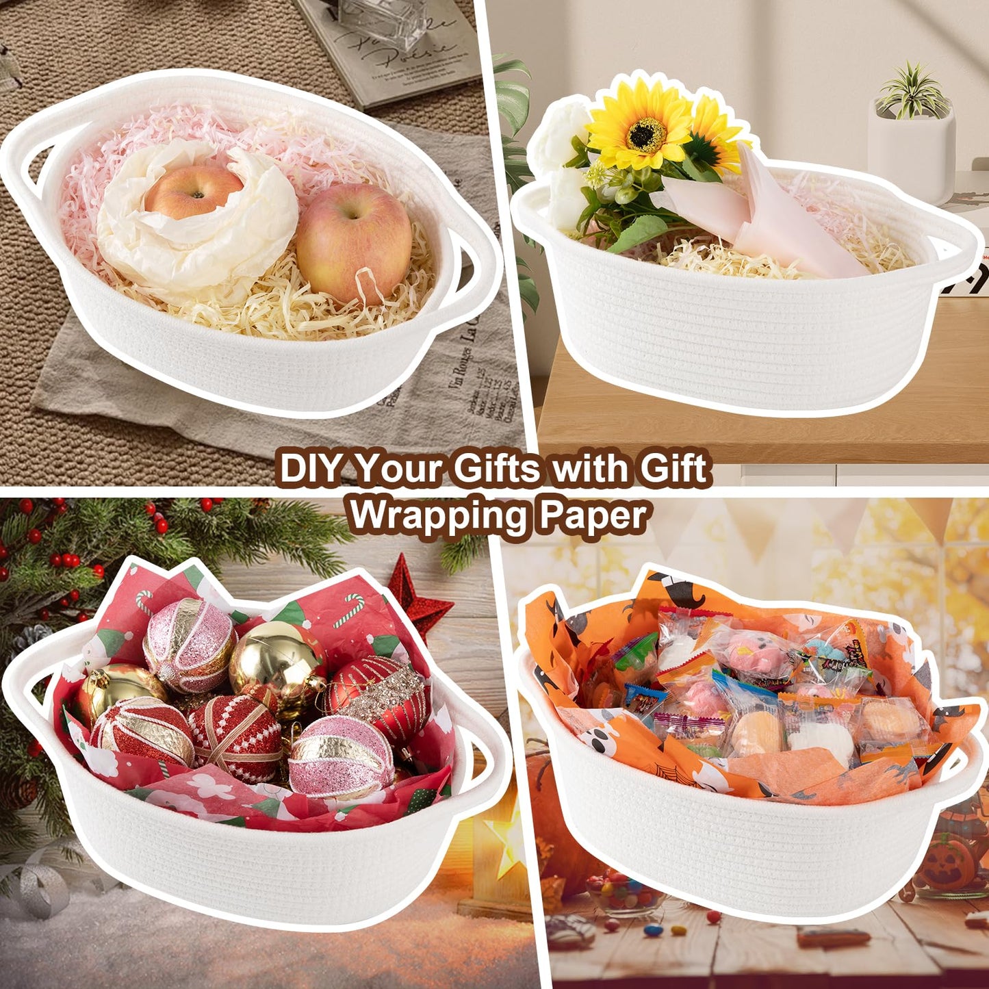 OIAHOMY - Cesta de regalo con asa, cesta tejida de 13.4 x 10 x 5.5 pulgadas, con bolsa de regalo, cinta y papel de seda, contenedores vacíos para llenar con toallas, bebé, organizador de juguetes para