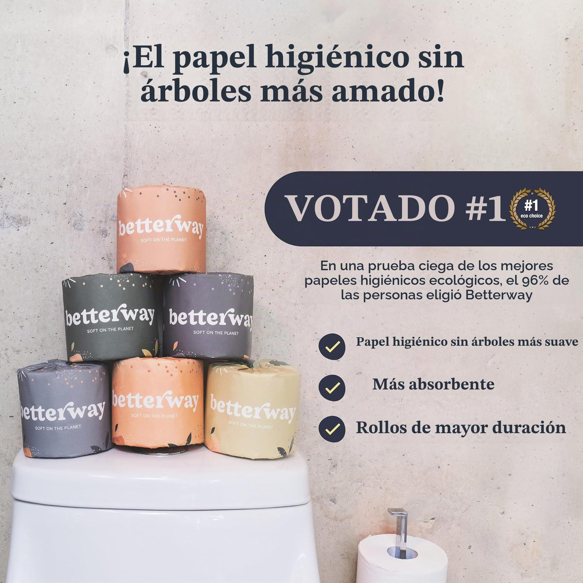 Papel Higiénico Betterway Bambú 3 Capas Sostenible y Compostable 12 Rollos Orgánico Certificado FSC