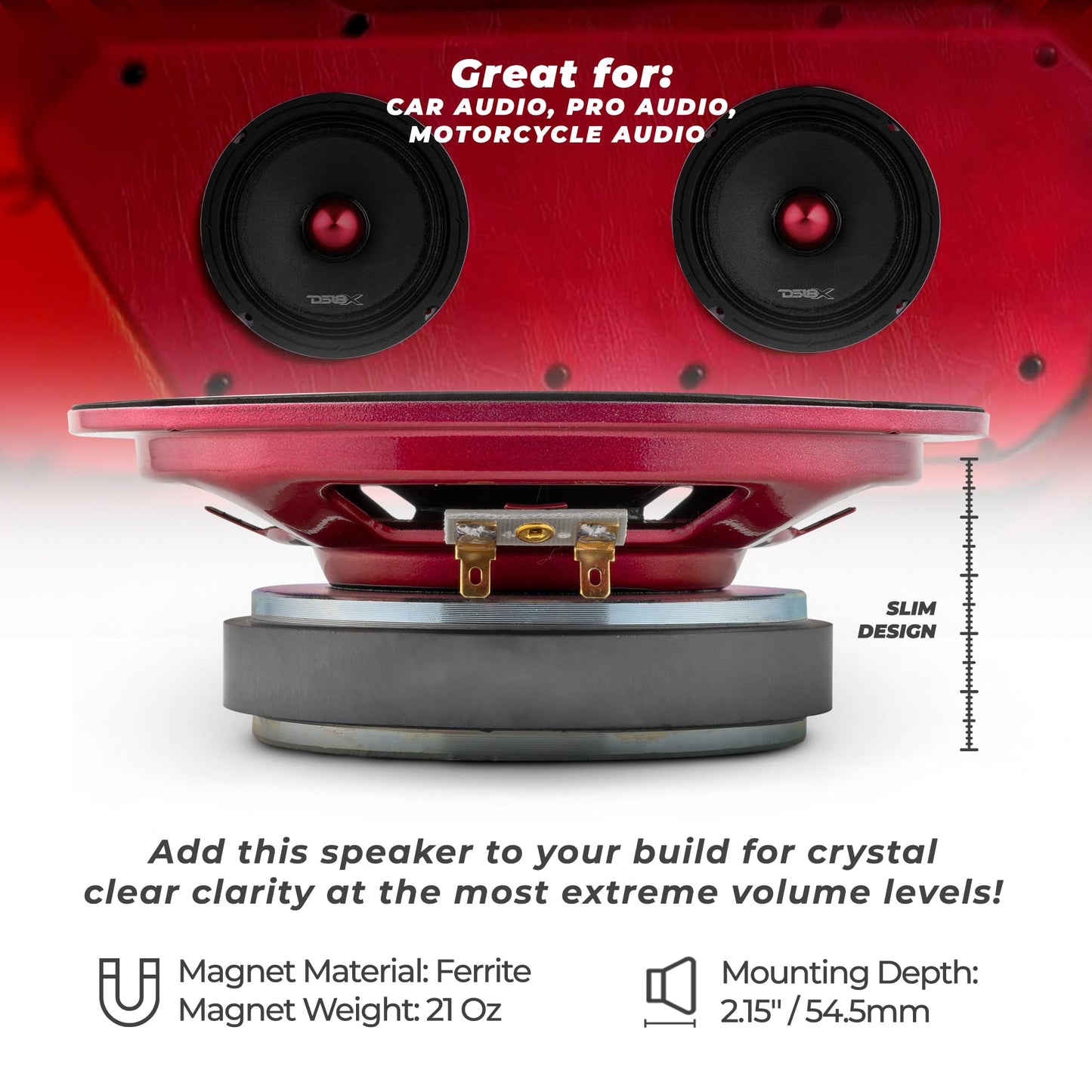 DS18 Pro-X6.4BMSL Slim Loudspeaker - 6.5", Midrange, Red Aluminum Bullet, 500W MAX, 250W RMS, 4 Ohms - Premium Quality Audio Door Speakers for Car or Truck Stereo Sound System (1 Speaker)